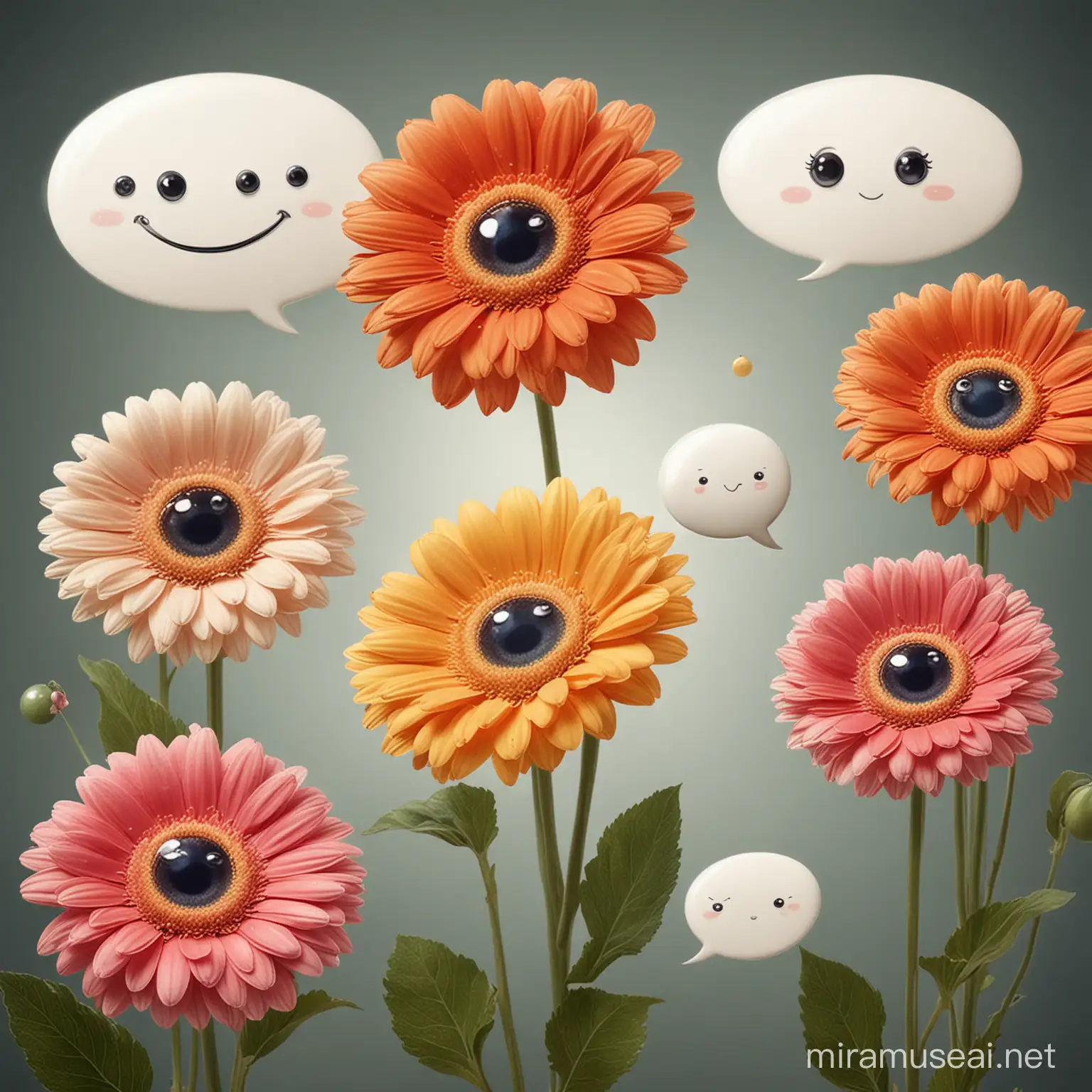 gerberas in fairy tale style with mouth and eyes whith speach bubbles 