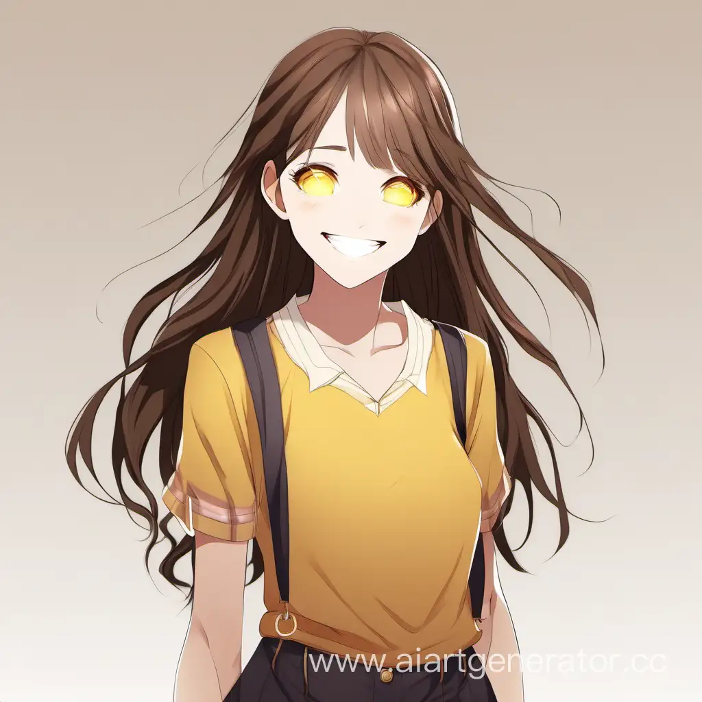 Girl with brown long hair and golden yellow eyes, smiles warmly, wearing normal clothes