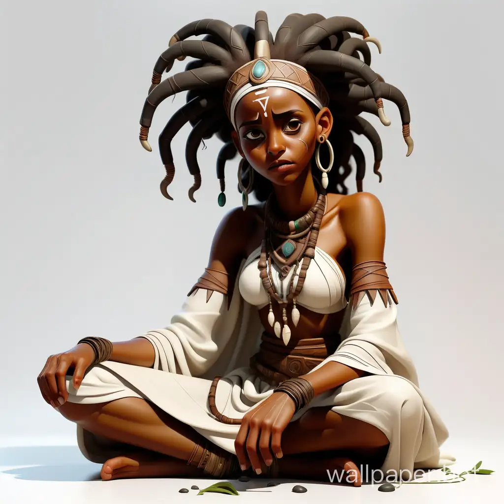 art, illustration, light transparent color contour graphics.  Realistik a black Druid girl sits on the floor. Ethiopian. Costume. Clarity, sharpness. White background. high quality. high detail.