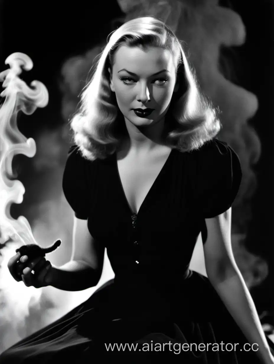 Veronica-Lake-Inspired-Horror-Young-Woman-in-40s-Dress-with-Dramatic-Smoke-and-Bloody-Details