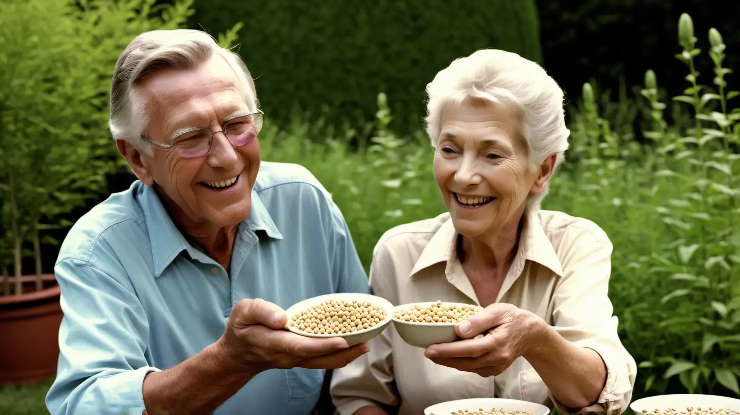 Elderly American Couple Enjoying Tranquil Garden with Soybean Snack