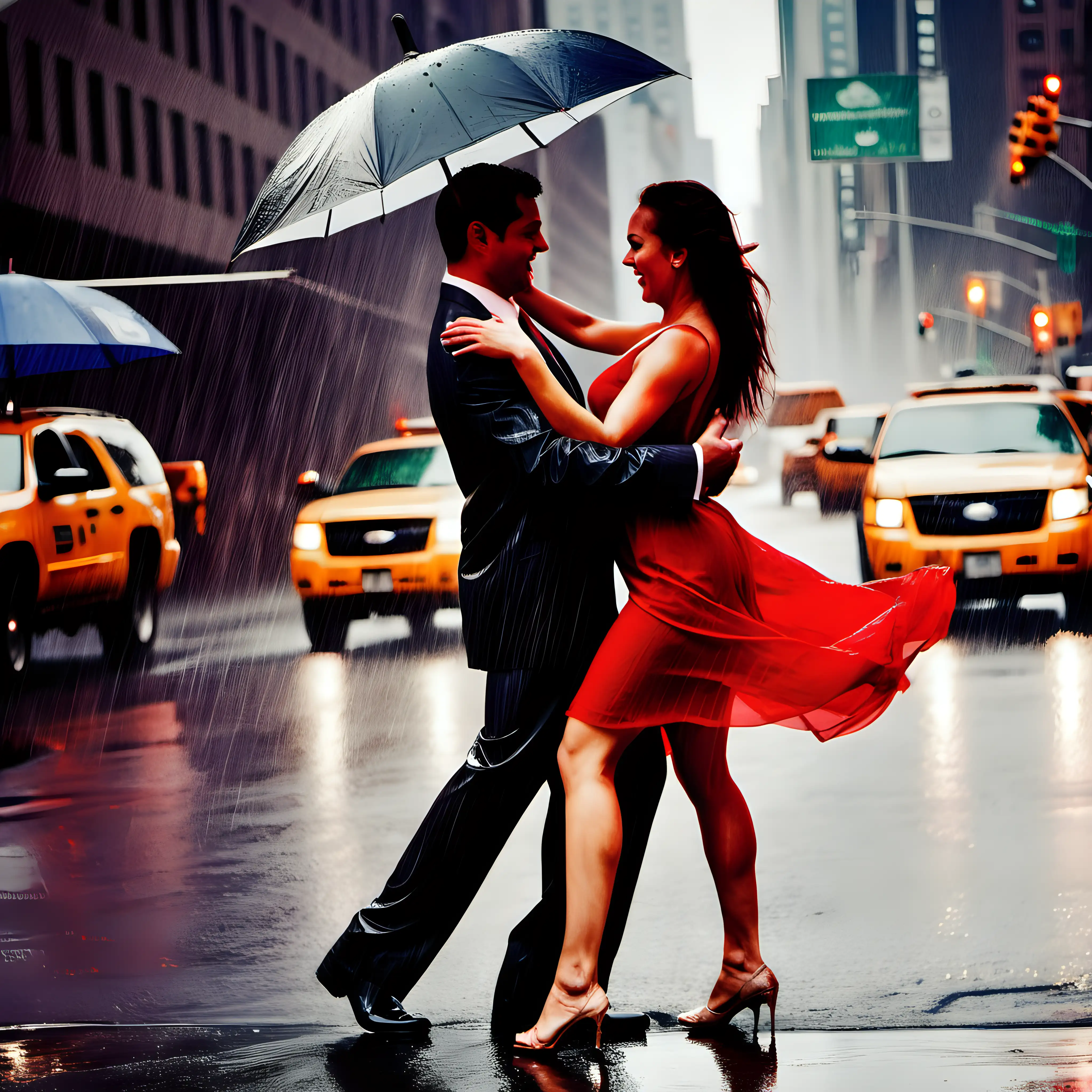 dancing couple in the rain, red dress, new york