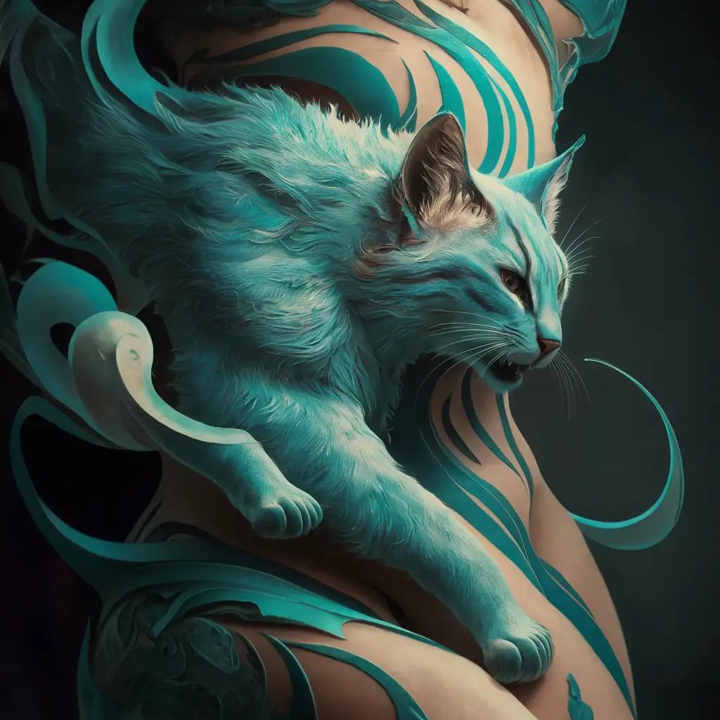 ethereal carving of a majestic blue feline on a woman's body