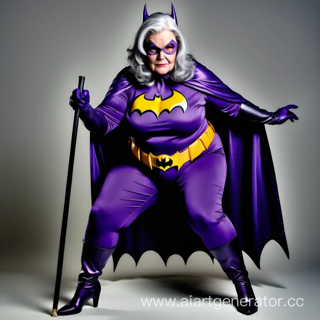 An older plus sized Caucasian woman with gray hair wearing a purple batgirl costume slouching with a cane.