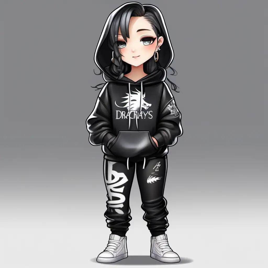 beautiful chibi style woman, her hair is long black, she is wearing a black hoodie that says "dracarys" in white letters, wearing black leather pants, wearing black and white sneakers
fully dressed, standing, transparent backgroundfully dressed, standing, transparent background