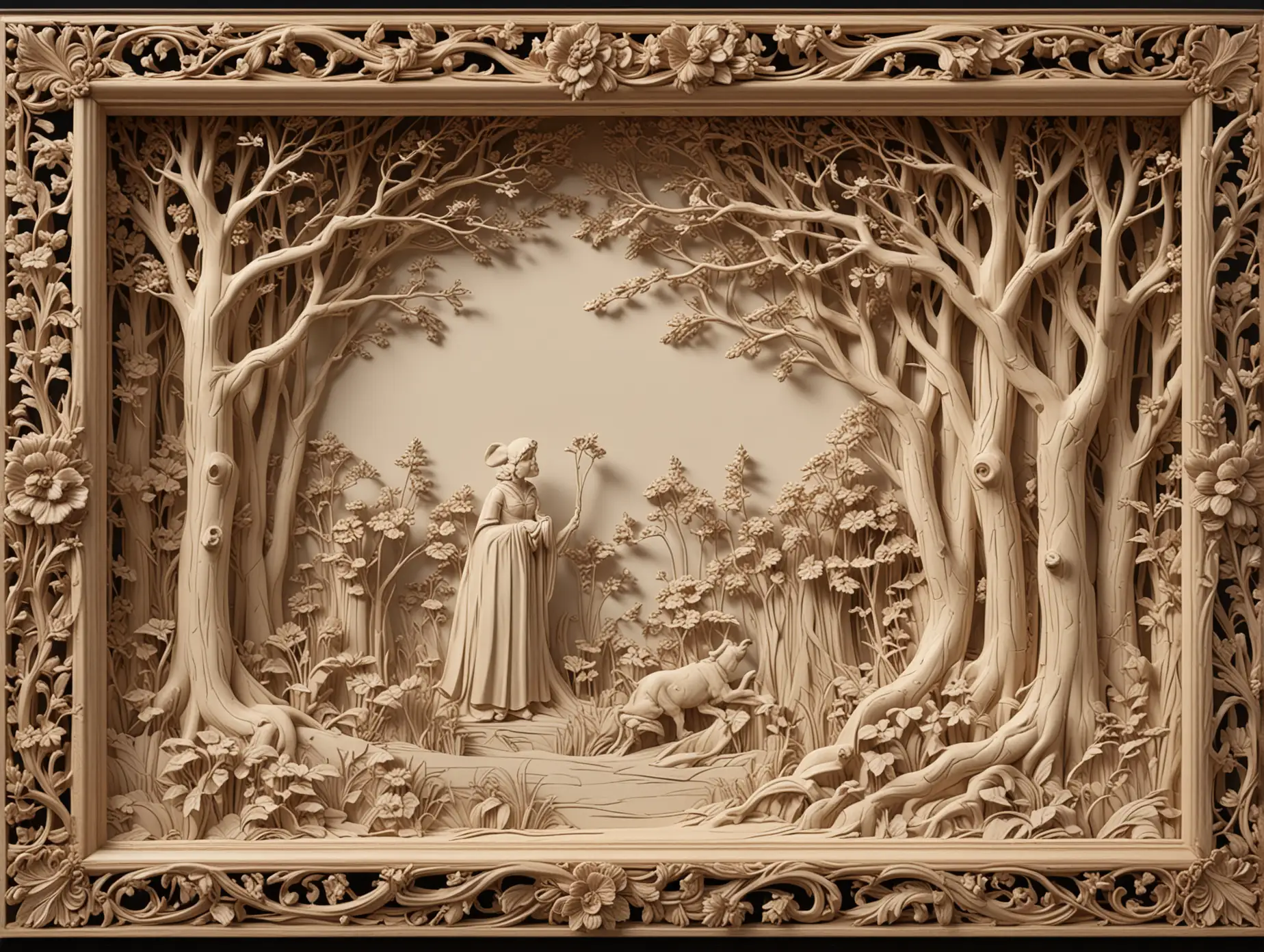 3d and tilable wood lacquer frame surround, featuring a finely carved wooden scene from Snow white in the style of Aubrey beardsley