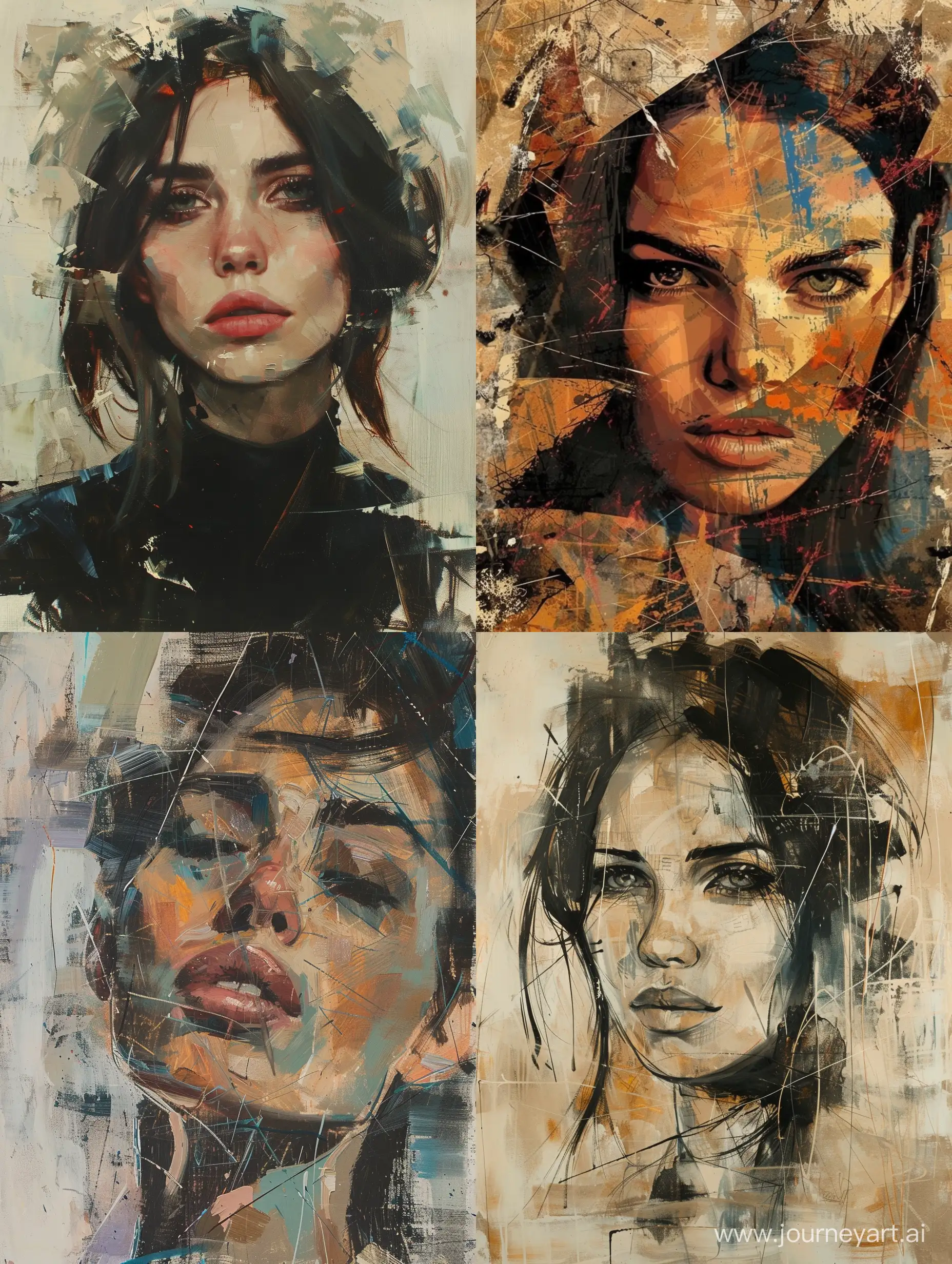 paint a woman's portrait in an abstract style with a moody tone and a lot of solid lines. vintage. fine art. museum quality.