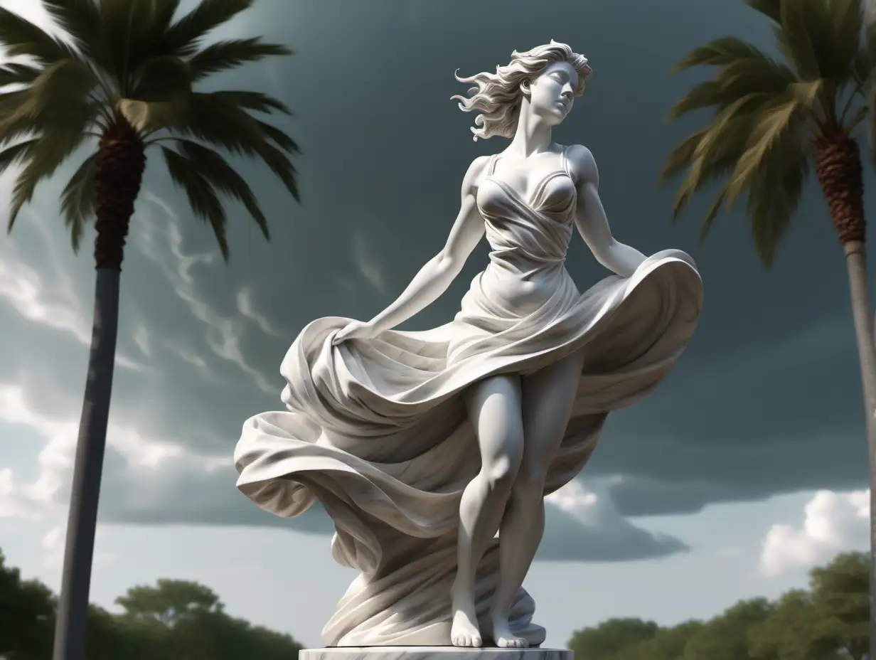 A white marble sculpture of a woman in clothes is closed from a strong wind blowing in a strong wind. in the style of Michelangelo on the street. in the background, trees in a hurricane wind, beautiful marble texture, full-length in the background. on the pedestal there is a beautiful marble texture, 16 carats, high detail —v 5.2 and filled with intricate details. —stylized rendering of 750 —Dramatic lighting v 5.1, cinematic framing —AR 2:1 —Raw hurricane wind in style