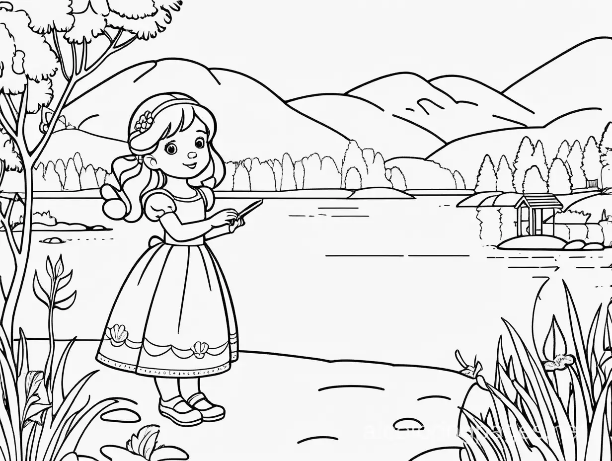toddler princess drawing near the lake, Coloring Page, black and white, line art, white background, Simplicity, Ample White Space. The background of the coloring page is plain white to make it easy for young children to color within the lines. The outlines of all the subjects are easy to distinguish, making it simple for kids to color without too much difficulty