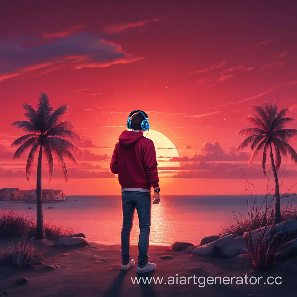 Man-Enjoying-Crimson-Sunset-with-Music-in-Headphones