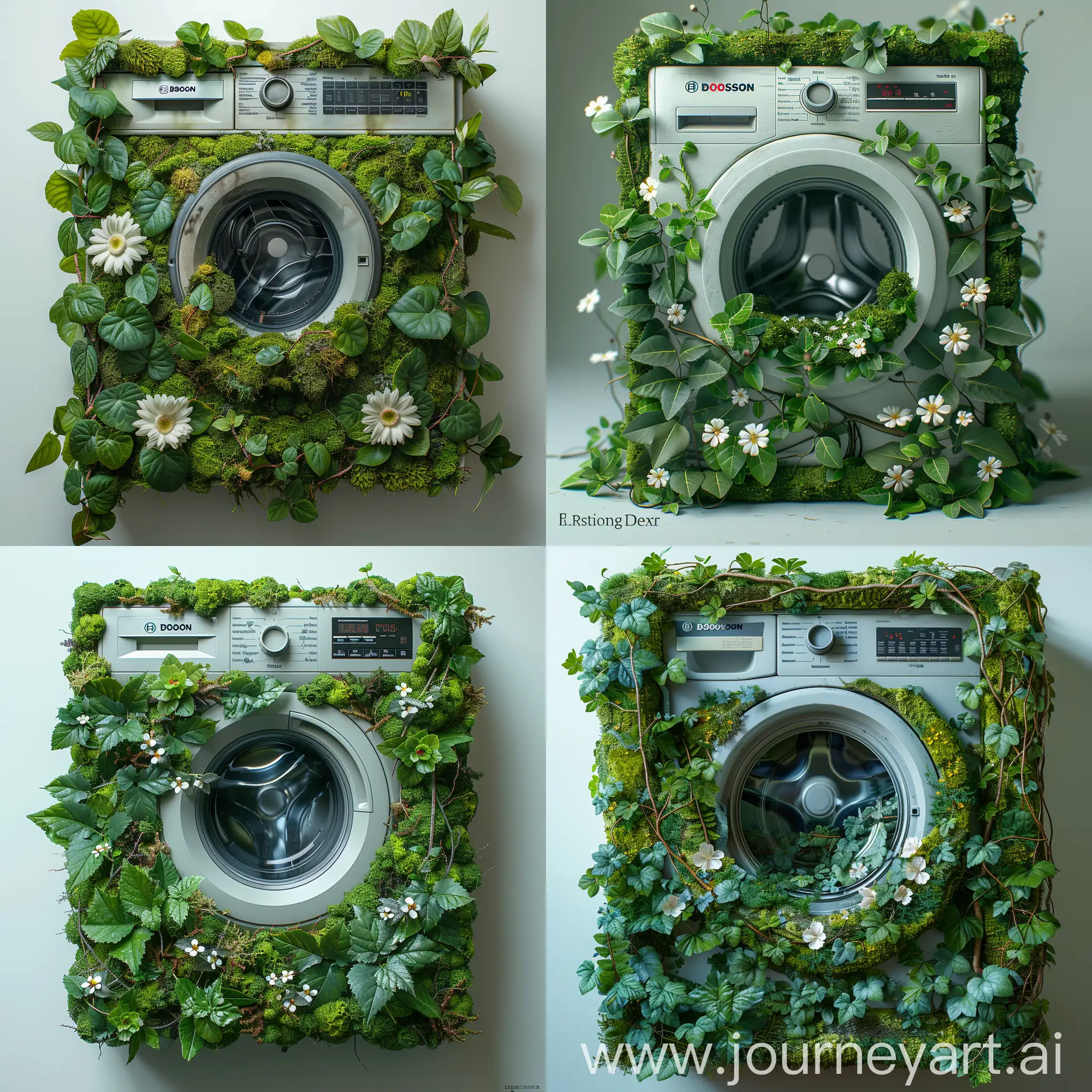Bosch Washing Machine made from green leaves and moss, small white flowers growing from moss, white background, box, photo realistic, detailed --s 750 --q 2