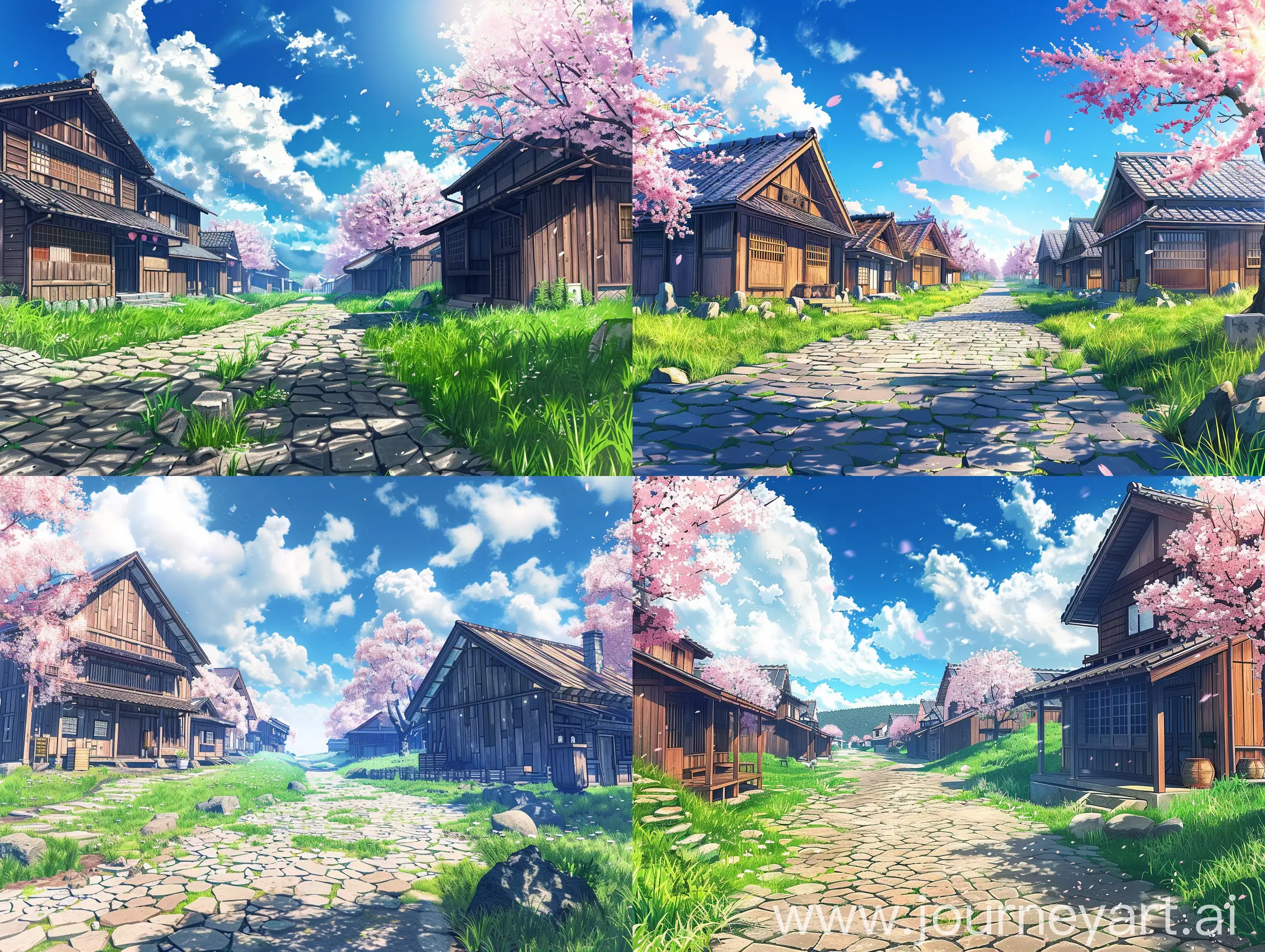 Rural Japan, wooden houses, grasslands with sakura trees, stone roads, sunshine and a blue sky with white clouds.  My place is empty, anime style.