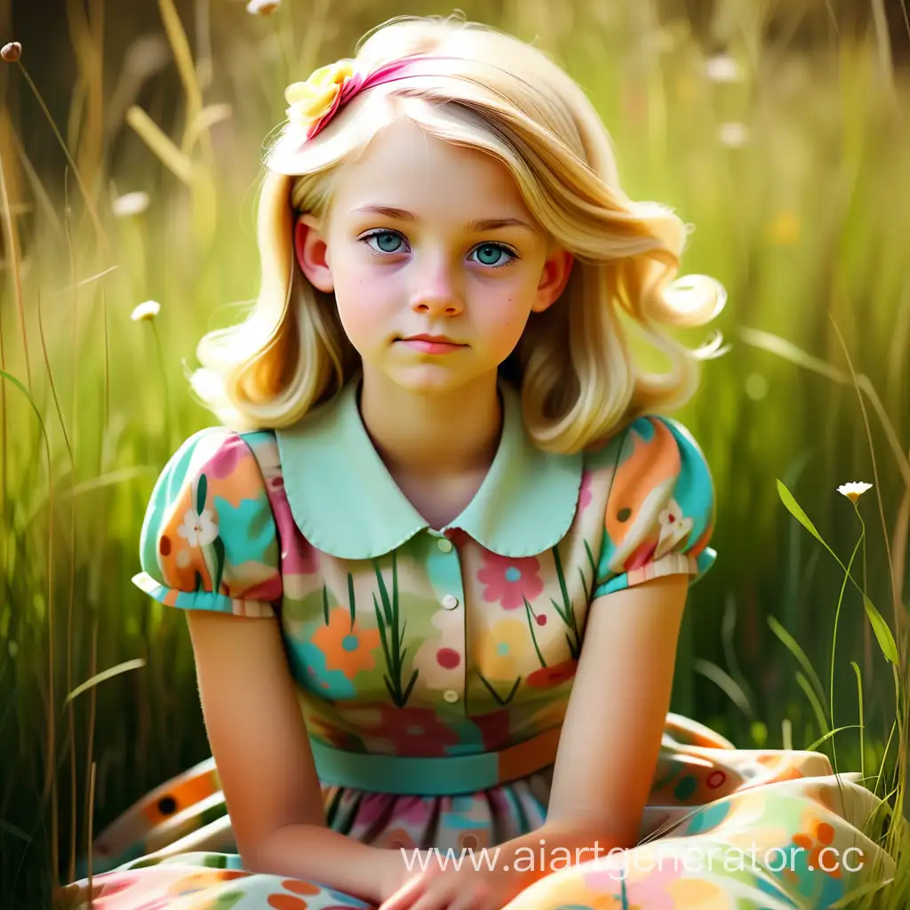 Красочный  портрет очаровательной белокурой 13-летней  девочки, в цветастом ретро платье, сидящей  среди трав. Чёткость, резкость. Гламур.