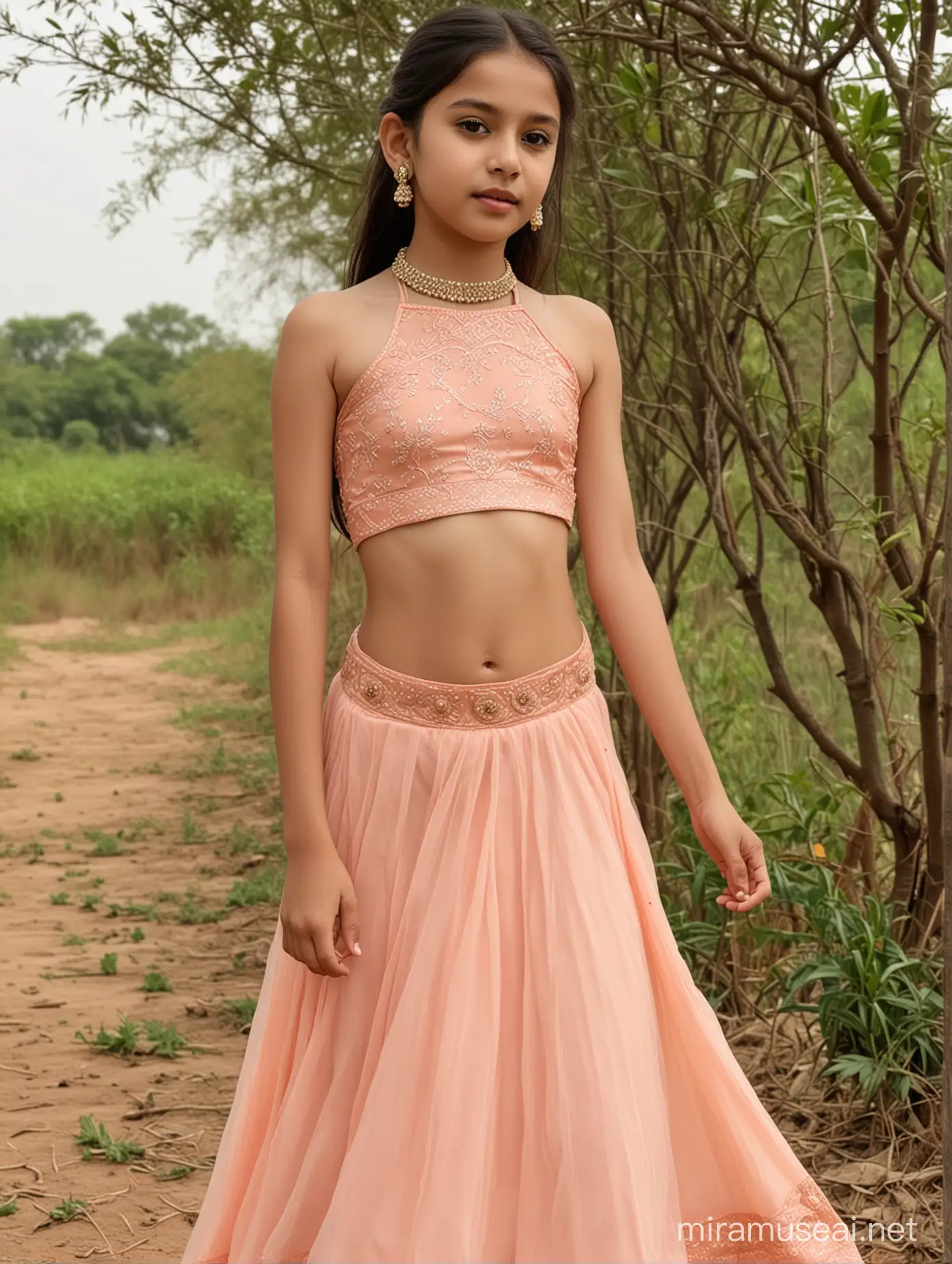 10 years old girl, very white skin, beautiful, wearing peach very thin halter neck very thin choli with lehenga, her front view, in nature