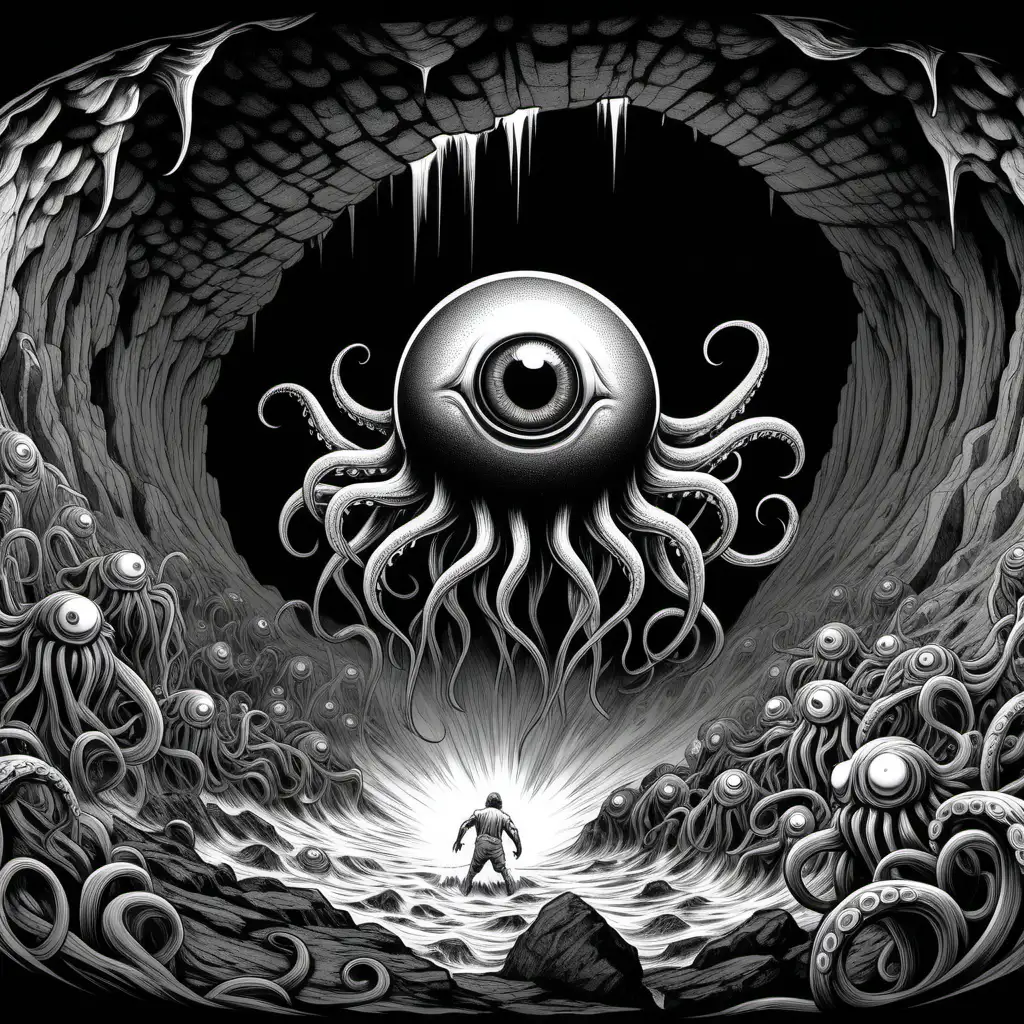 adult coloring book, black and white. Illustrated, dark lined, no shading, highly detailed. Illustrate a closeup fantasy scene of a levitating eyeball monster with tentacles near underground cavern inspired by Frank Frazetta.