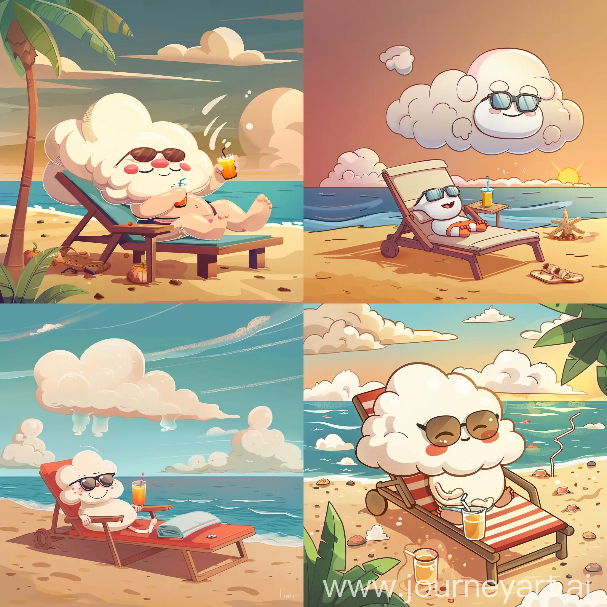 Cartoon illustration, anthropomorphic, a chubby cloud with sunglasses, drinking juice, lying on a lounge chair by the sea. Sunbathing, cute drawing style, warm colors, flat illustration 