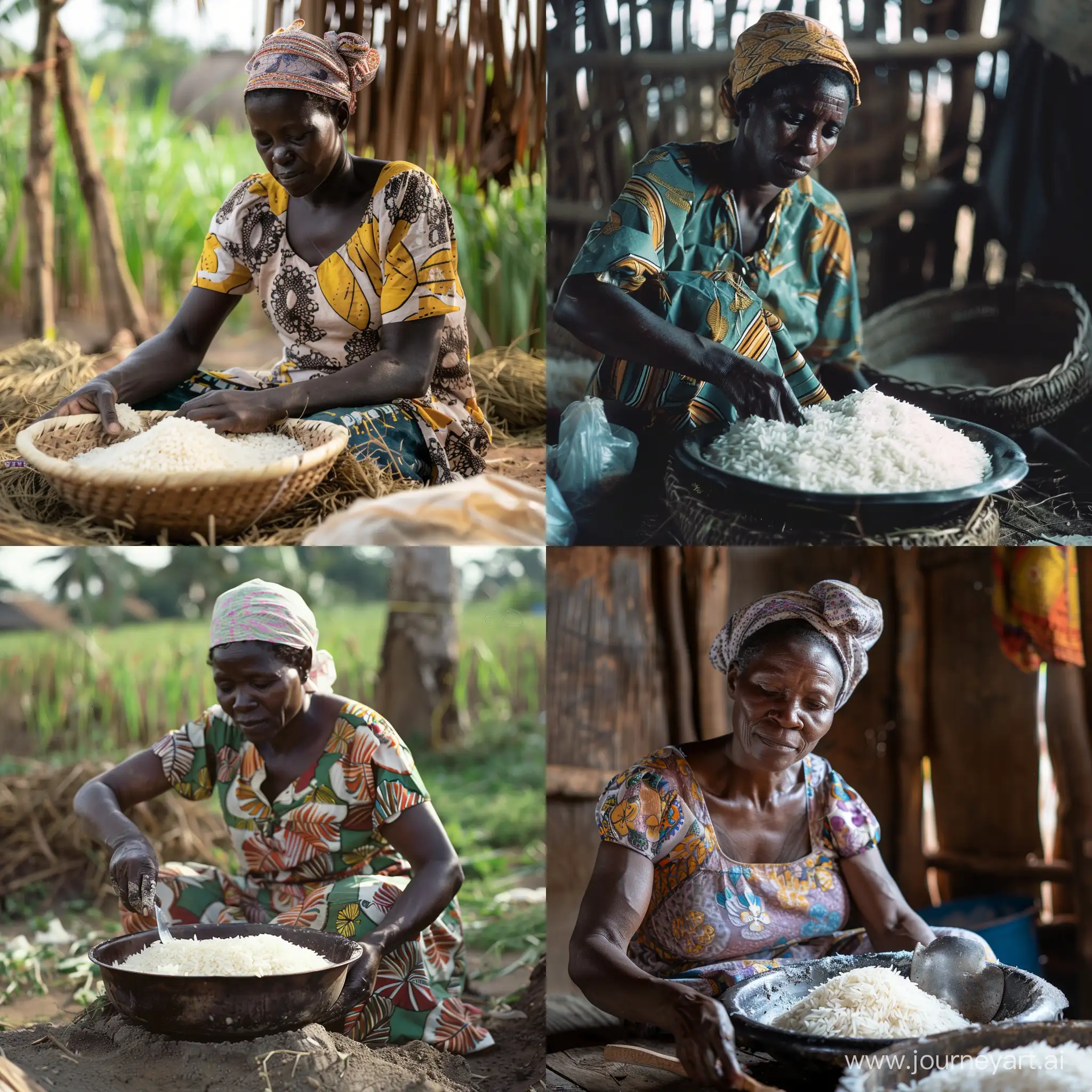 African rural woman preparing rice.