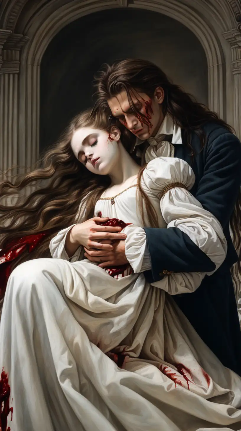 young man wearing 1800's clothes carrying a beautiful dead girl wearing a white gown lying in the mans arms. the girl's long cascading hair and arm hanging down dramatically. She is lifeless and looks dead. she has blood on her forehead. in the style of a renaissance painting.