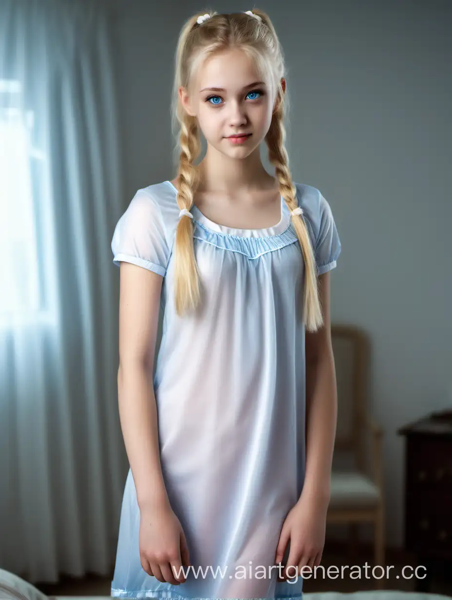 A beautiful, ironic 18-year-old girl, 9:16 image format, standing full height, with a sweet, very beautiful face, Slavic type, with blue eyes, blonde hair, ponytails, slender body, necessarily full-length, of the best quality, in a short translucent tight-fitting nightgown, white sandals, Smart, modest, shy, gentle, photorealism, 8k