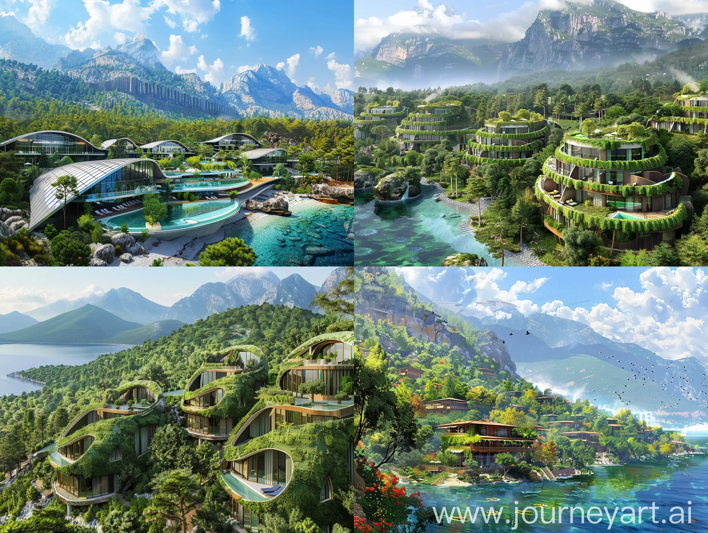 Thematic tours in eco-friendly hotels, hotels on the seaside in Turkey in the most beautiful natural places, where there are mountains, forests, and the sea. The style of representation is futuristic realism. --v 6 --ar 4:3 --no 49333