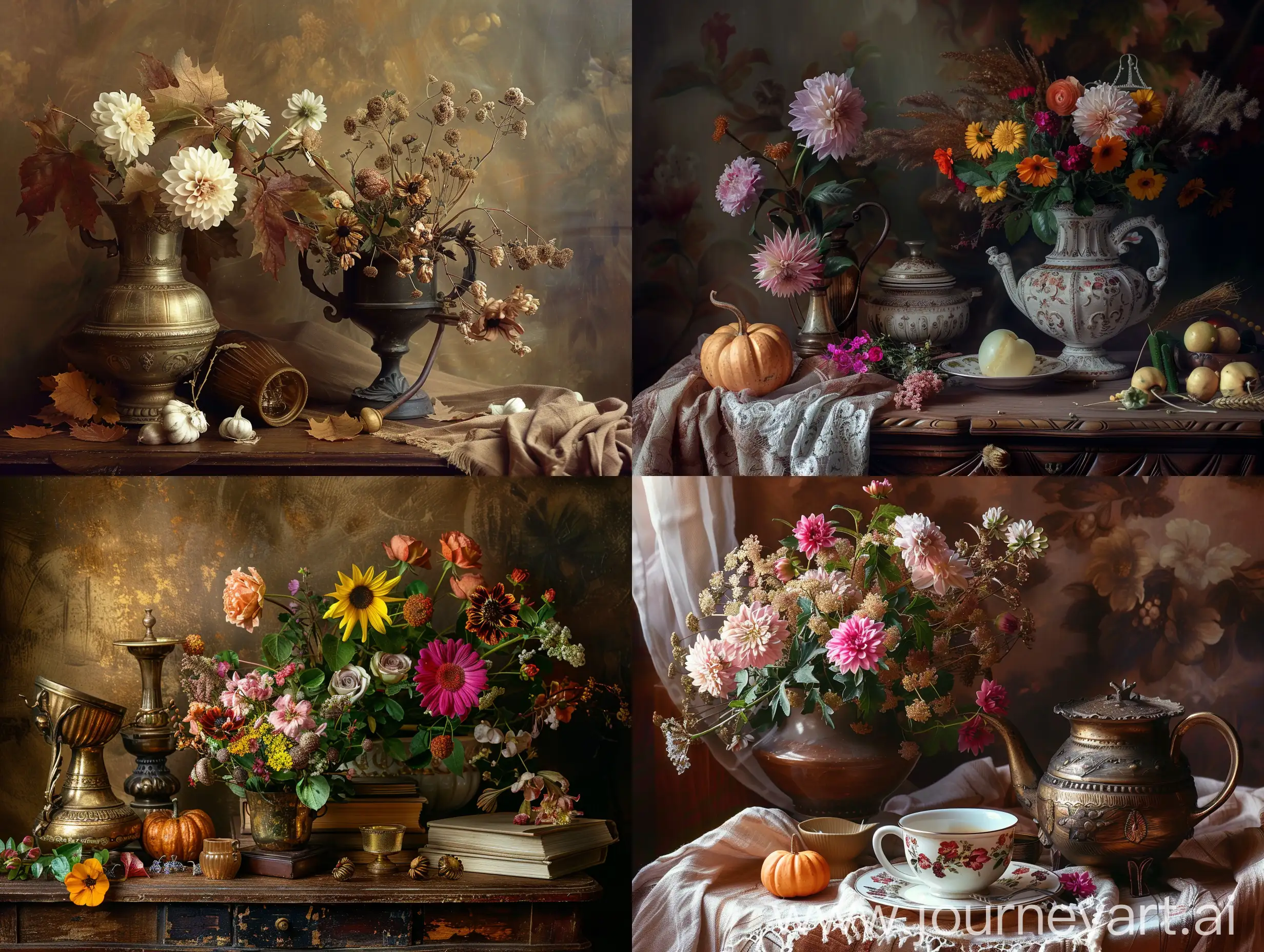 photo, autumn still life, vintage items 19th century, flowers, best quality, 4k, studio lighting, neutral colors