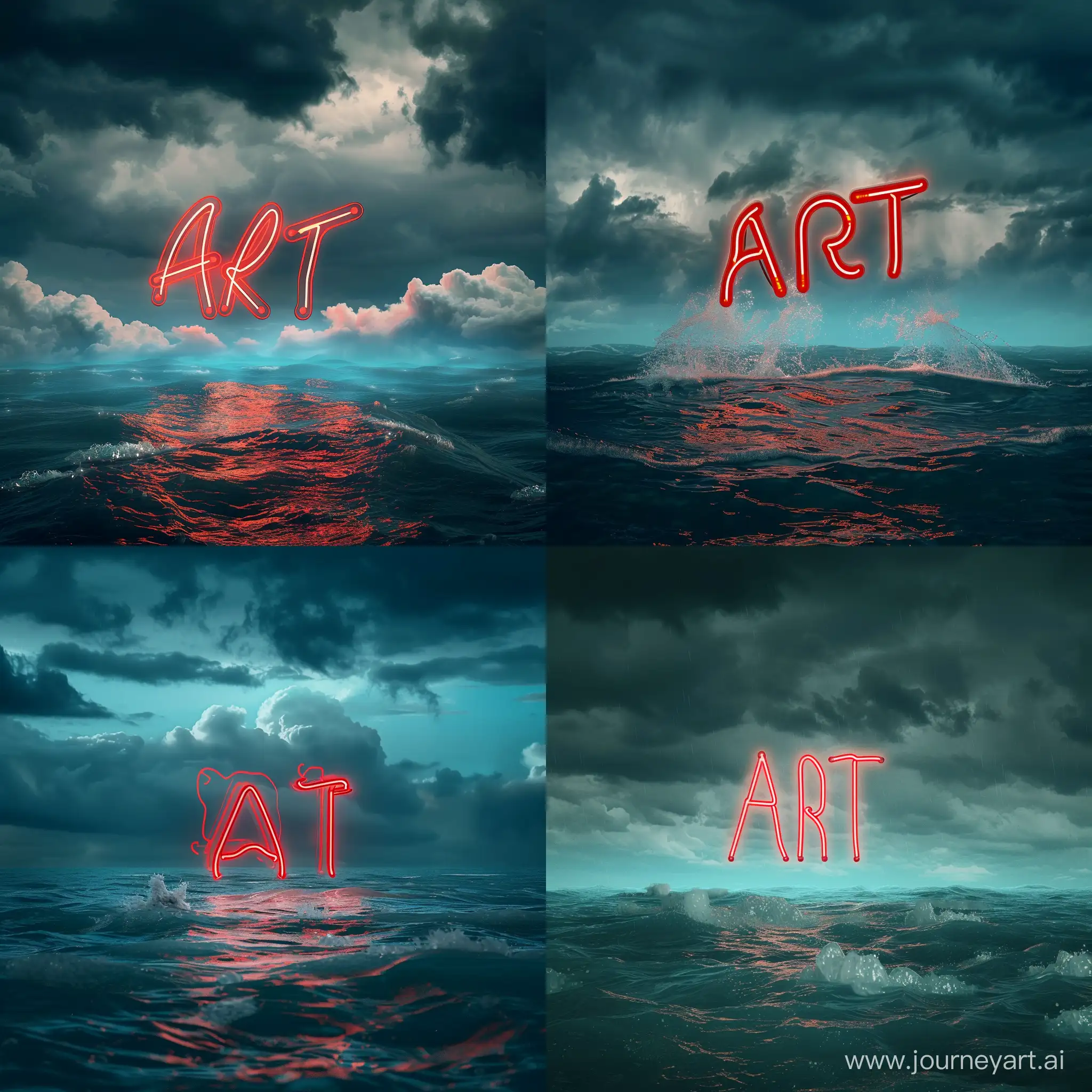 an neon logo floating in the ocean under cloudy skies and clouds and with writes the letters ART spelled in red