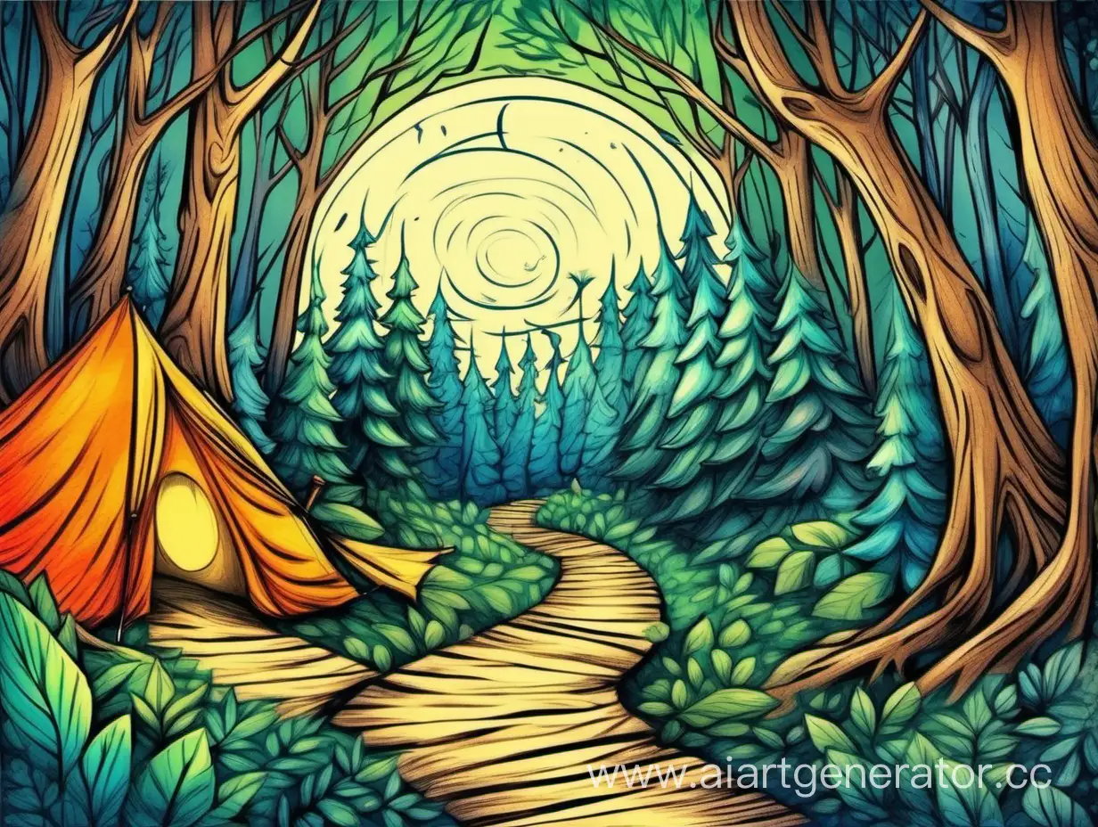 фон сказочный яркий нарисованный фломастерами лес с тропинкой и туристической палаткой с кругом по середине