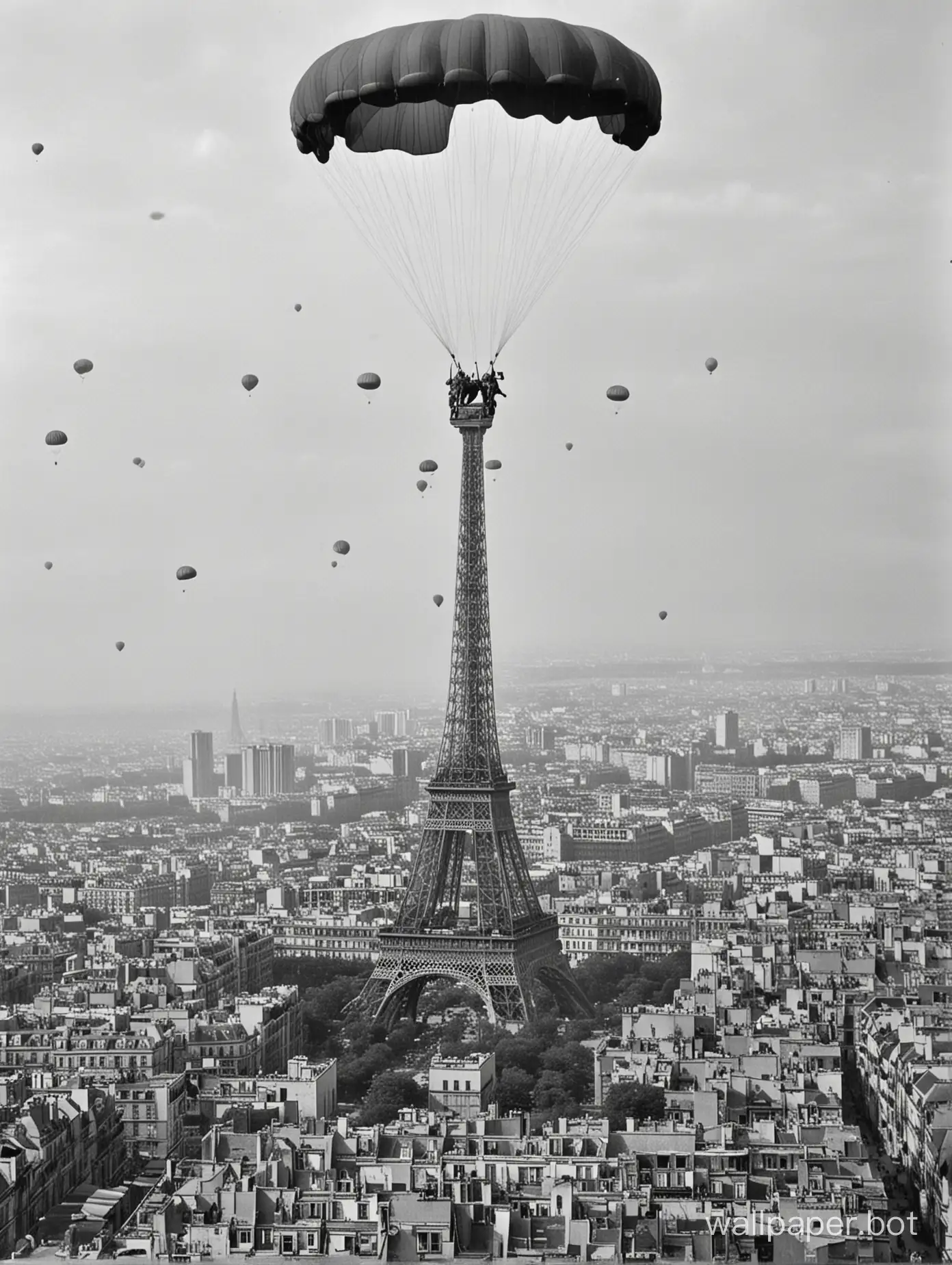 Paratroopers-Silently-Descend-Over-Parisian-Skyline-in-1940s-Era