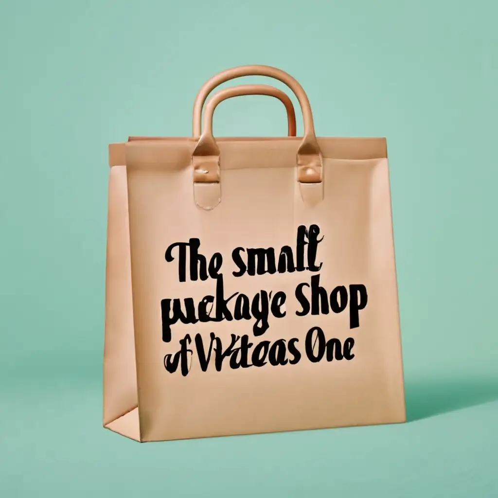 logo, bag, with the text "The small package shop of the virtuous one", typography