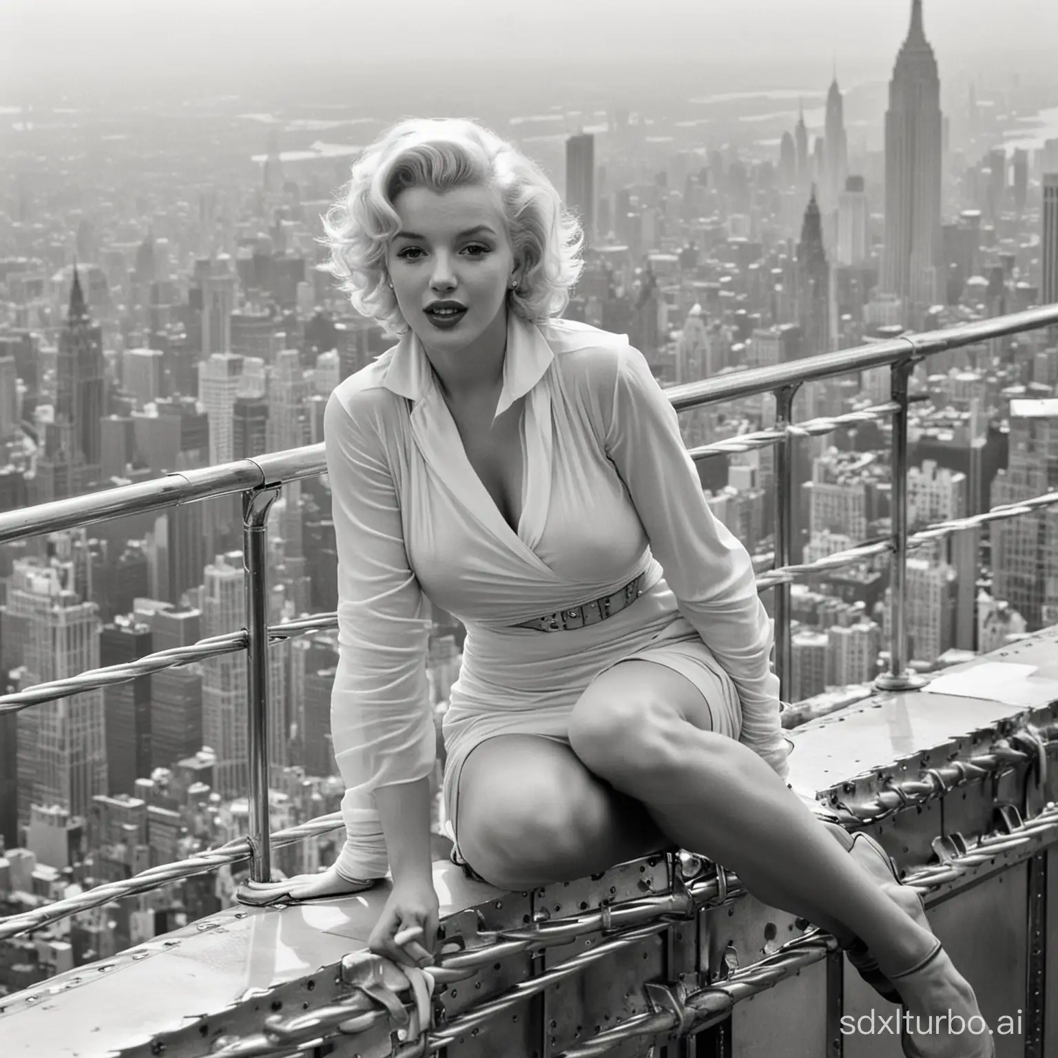 Marilyn Monroe on the top rail of the observation deck of the Empire State Building. She is in the missionary position 