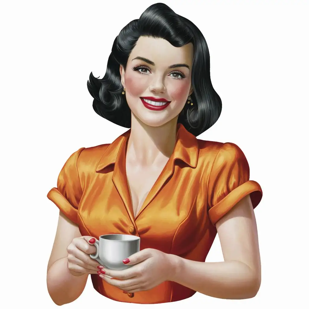 девушка в стиле пин-ап в оранжевой блузке, улыбается и смотрит прямо перед собой, волосы выше плеч темного цвета, в руке перед собой держит чашку белого цвета
