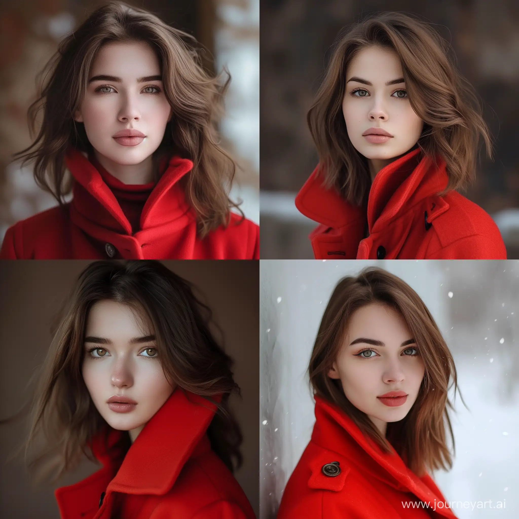 A Russian girl with brown hair, wearing a red coat, and possessing a flawless face is a beautiful female model. Her facial features are exceptionally beautiful, making her a very attractive young woman who is both youthful and cute. She is a beautiful model girl with a striking appearance, resembling a very beautiful catgirl. At the age of 19, she is a cute and youthful young woman. She is a sweet and adorable virtual YouTuber, similar to Dilraba Dilmurat, and is only 18 years old.