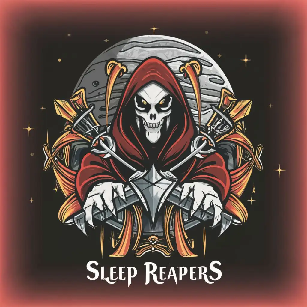 a logo design,with the text 'Sleep reapers', main symbol:Grim reaper, planet, spaceship, ,complex,clear background '  ',