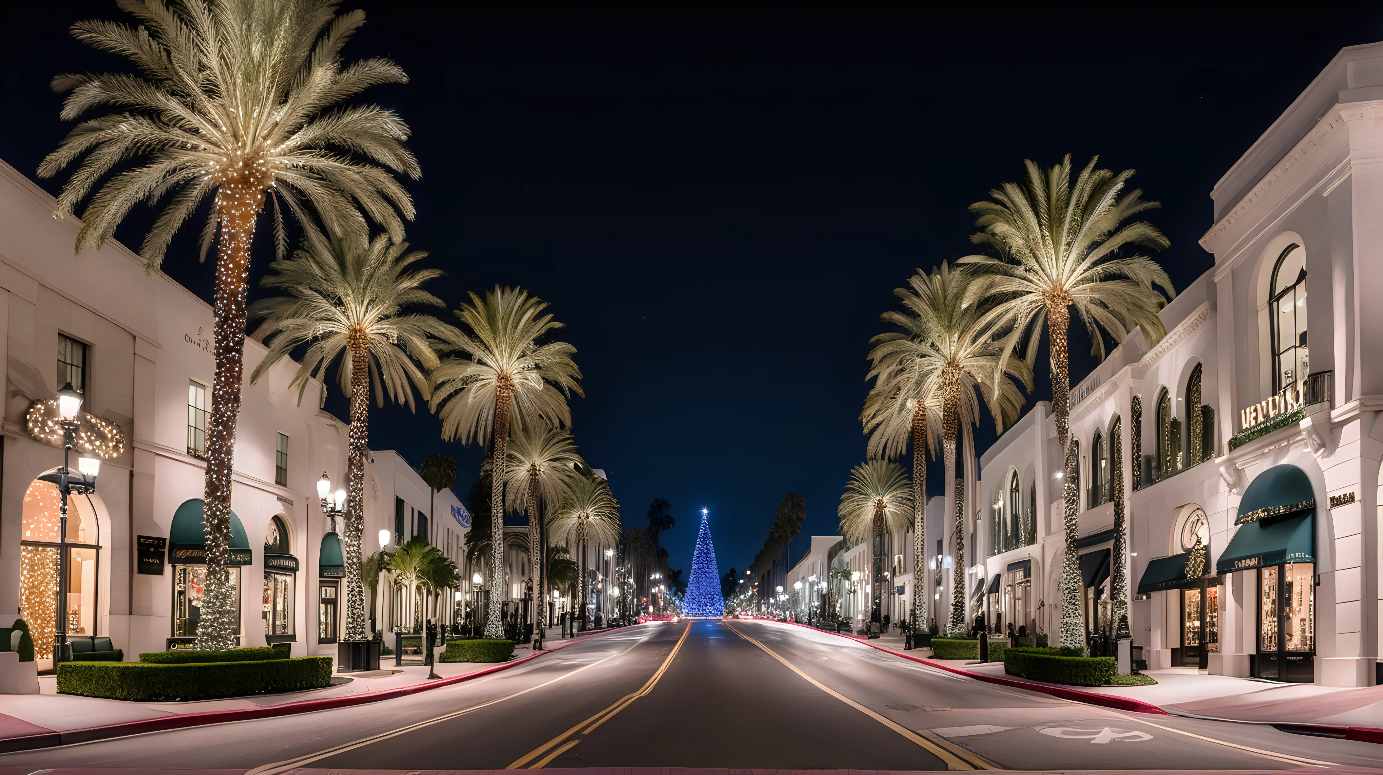 Glamorous Rodeo Drive Night Scene with Festive Christmas Lights