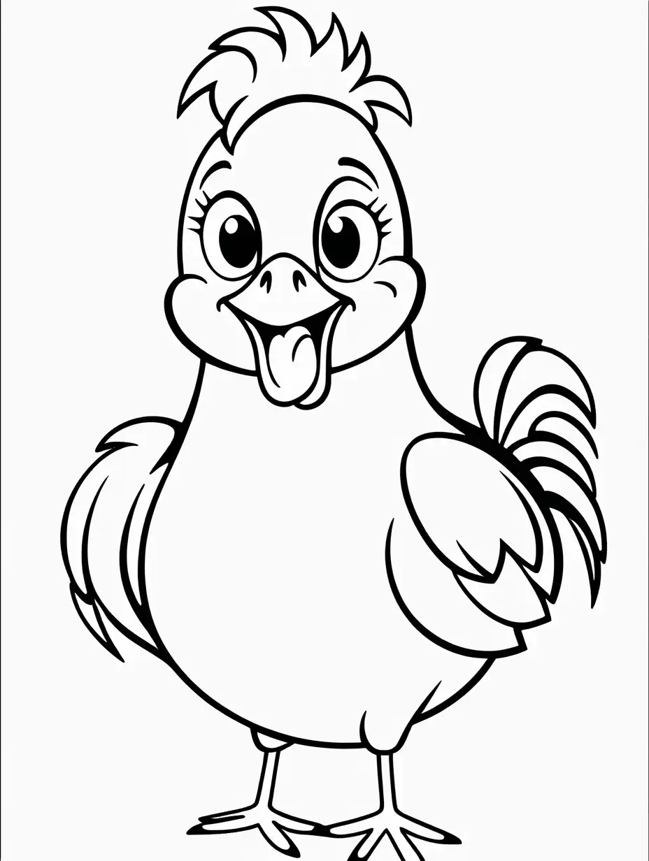 Very easy coloring page for 3 years old toddler. Smile cock. Without shadows. Thick black outline, without colors and big  details. White background.