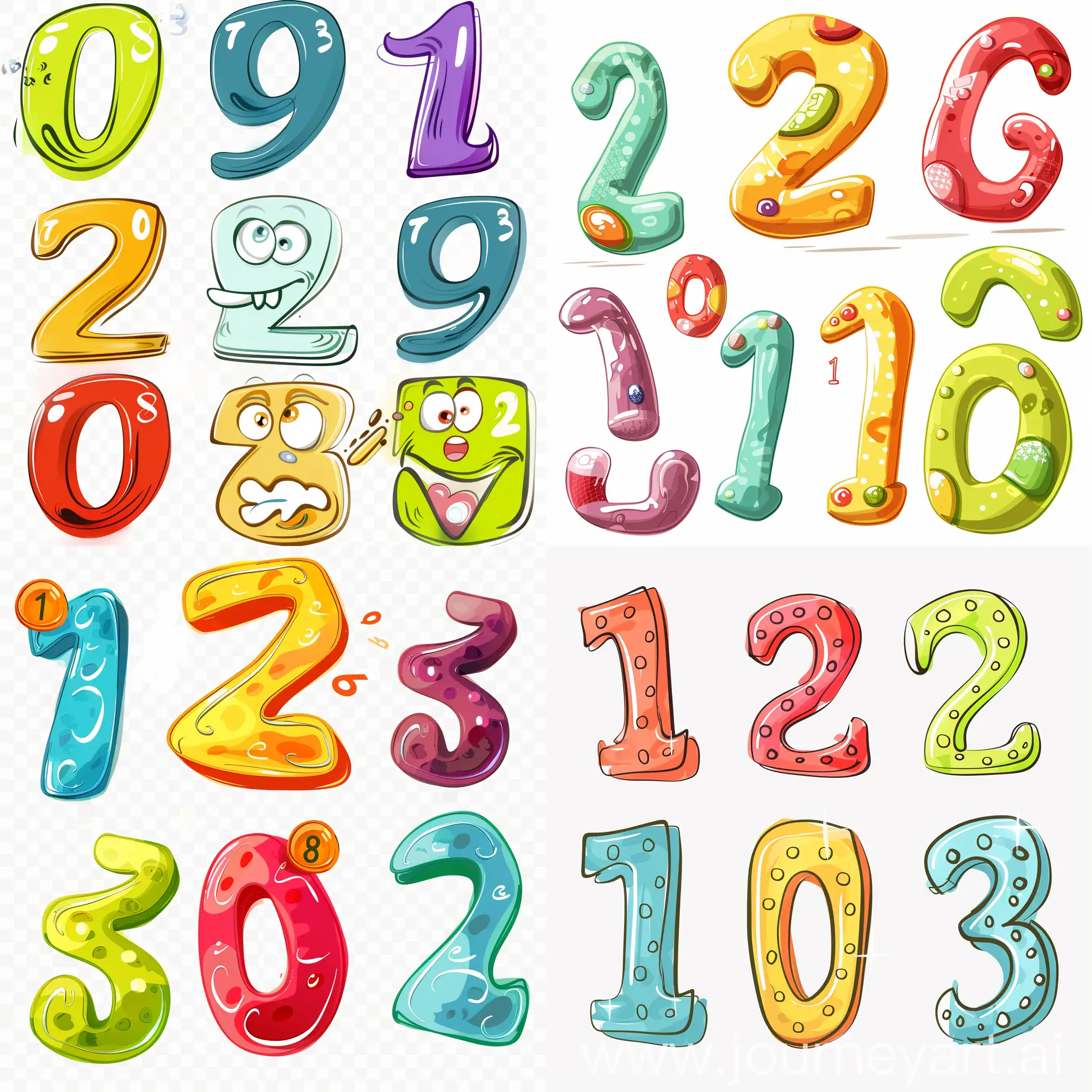 Cartoon, humorous style. Transparent Background. Funny numbers from 1 to 10.