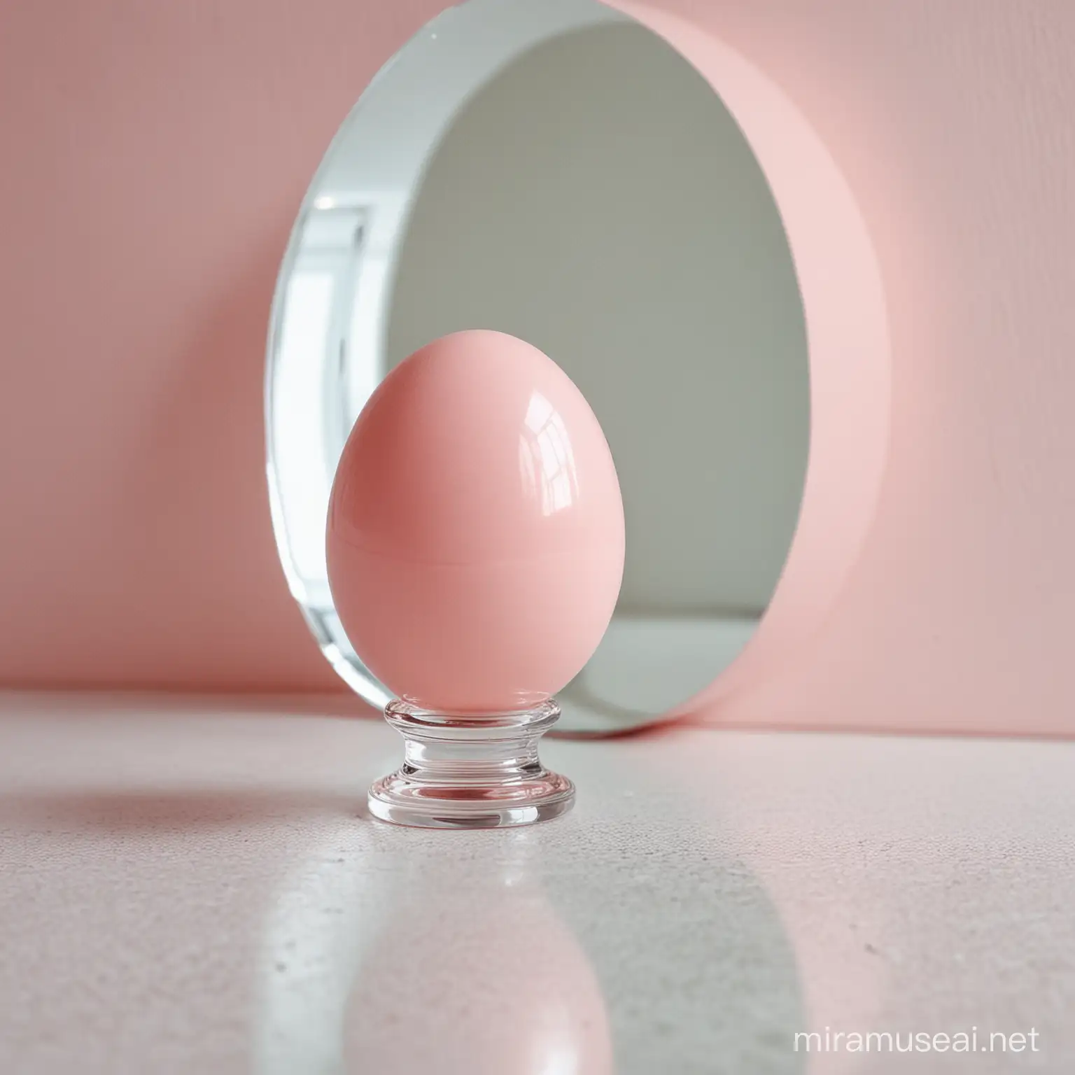 Œuf rose pâle se reflétant dans un miroir 