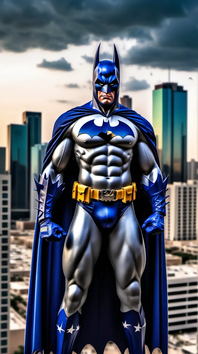 /imagine a photo of Batman standing in the middle of the city wearing a Dallas Cowboy Jersey with bats flying around in the background. Dallas Cowboys team jersey on. the sky scrapers standing tall in background