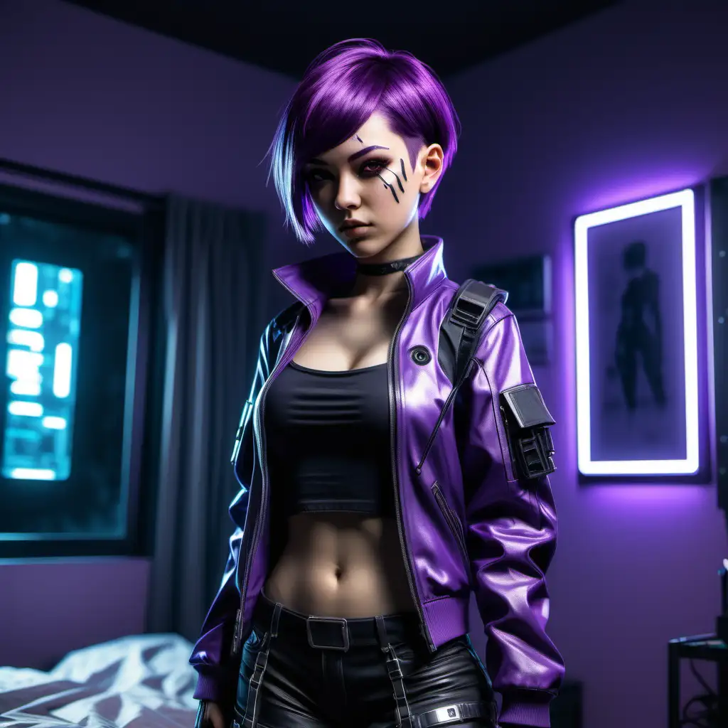 Create a cyberpunk girl with side-swept purple short hair who is posing in her bedroom. Show the whole body while she is standing up and Make the girl's hair shorter.