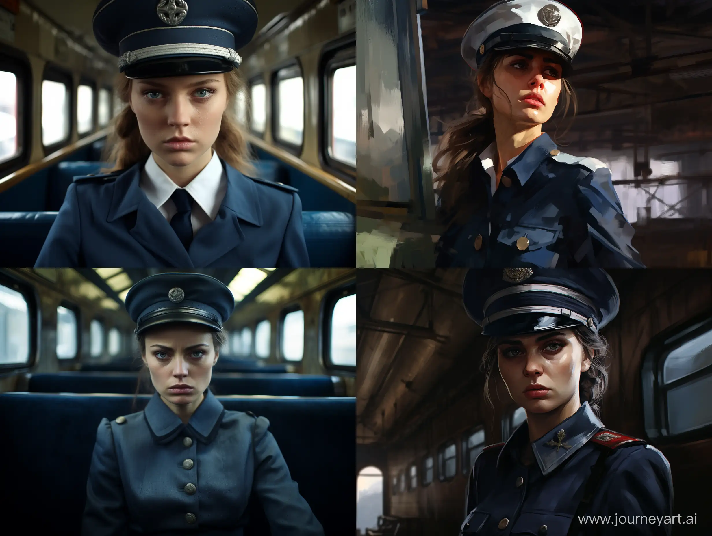 Furious-Russian-Train-Conductor-in-Blue-Uniform-and-Pilotka-Headgear