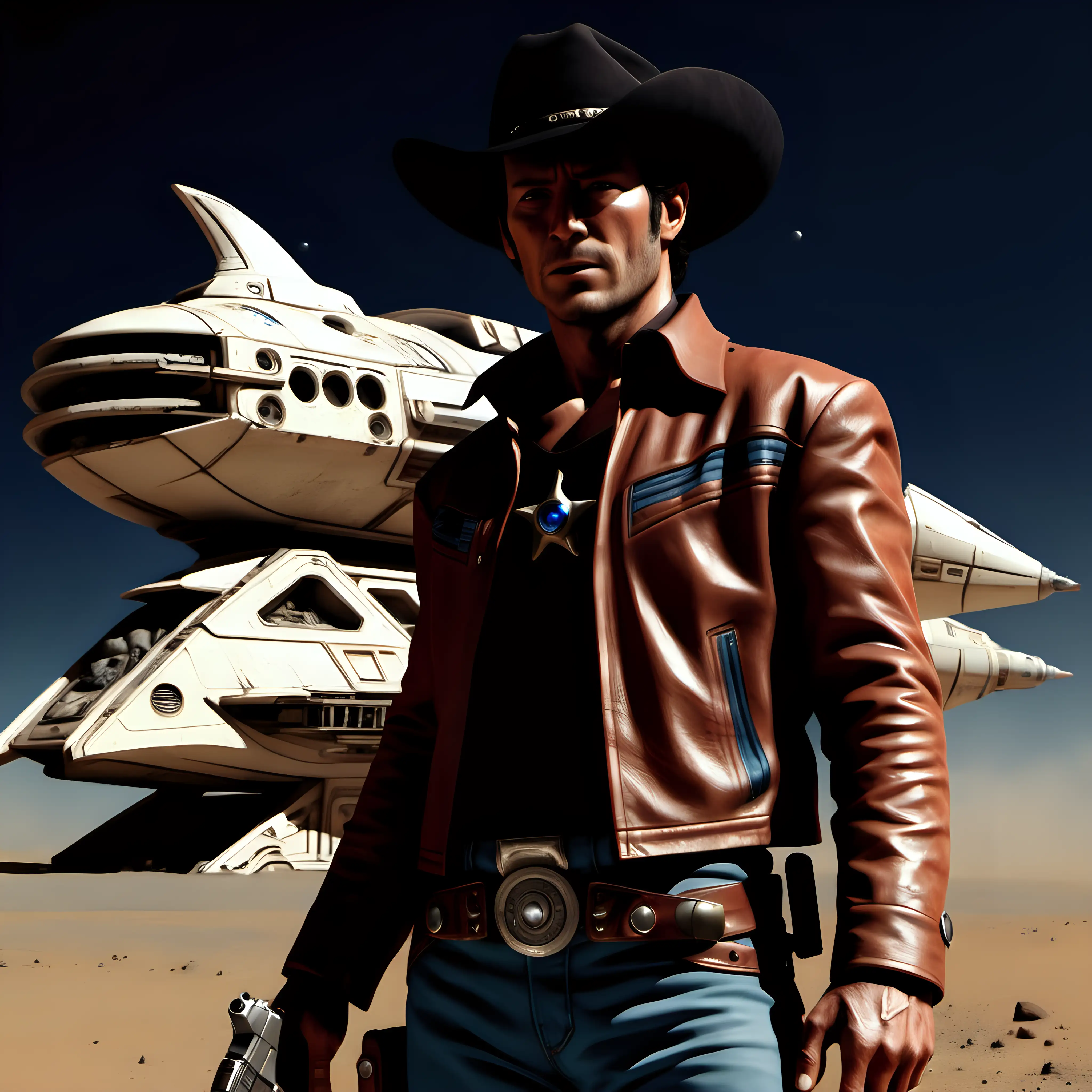 Space Cowboy Fastdraw PistolWielding Maverick in Front of Spaceship