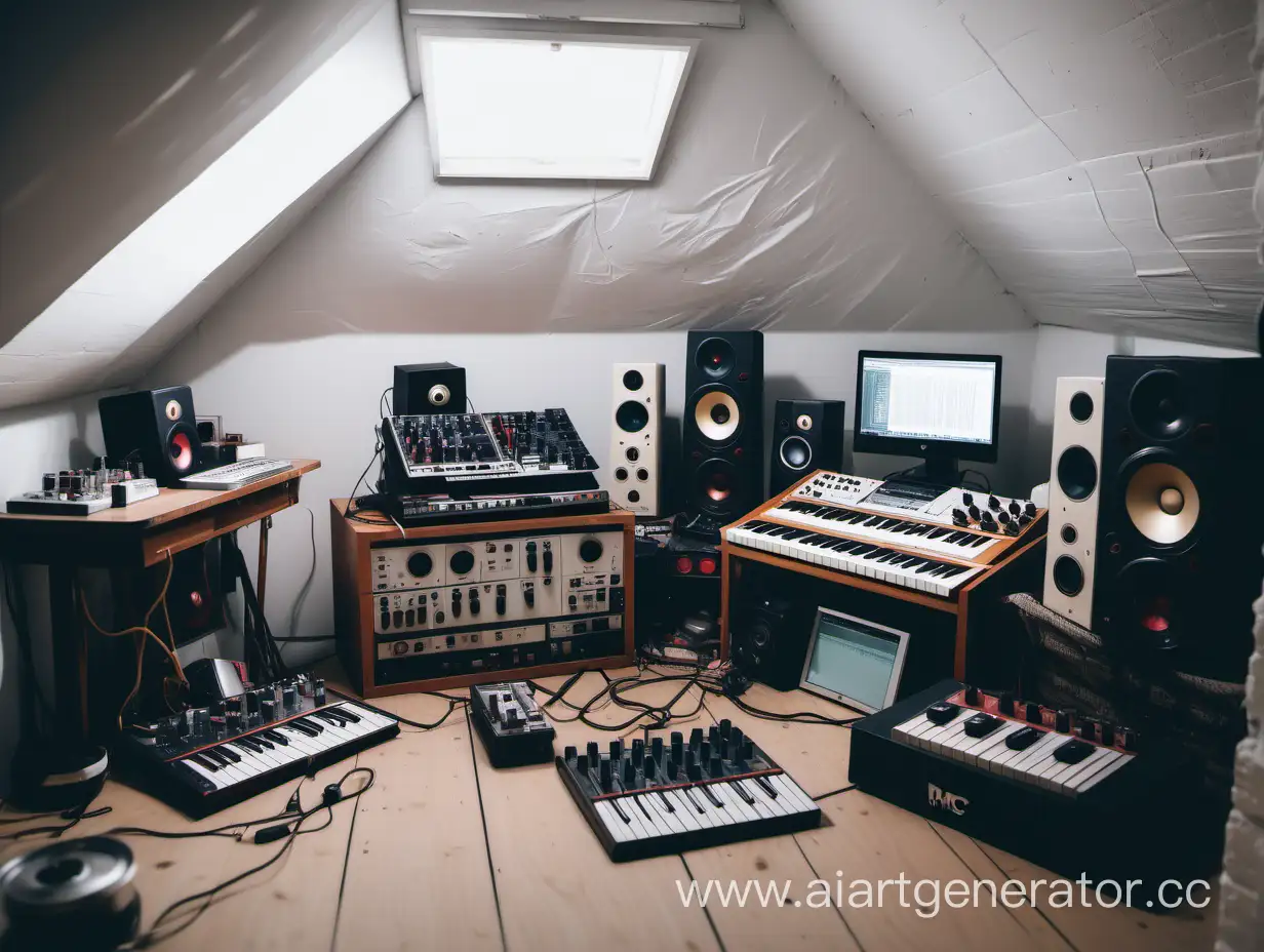 MPC, a setup for producing lofi boombap hip-hop, in a cosy white attic, MPC Live, DAWless, MPC 2000XL, magic potion, scattered bottles, sci-fi grammophone