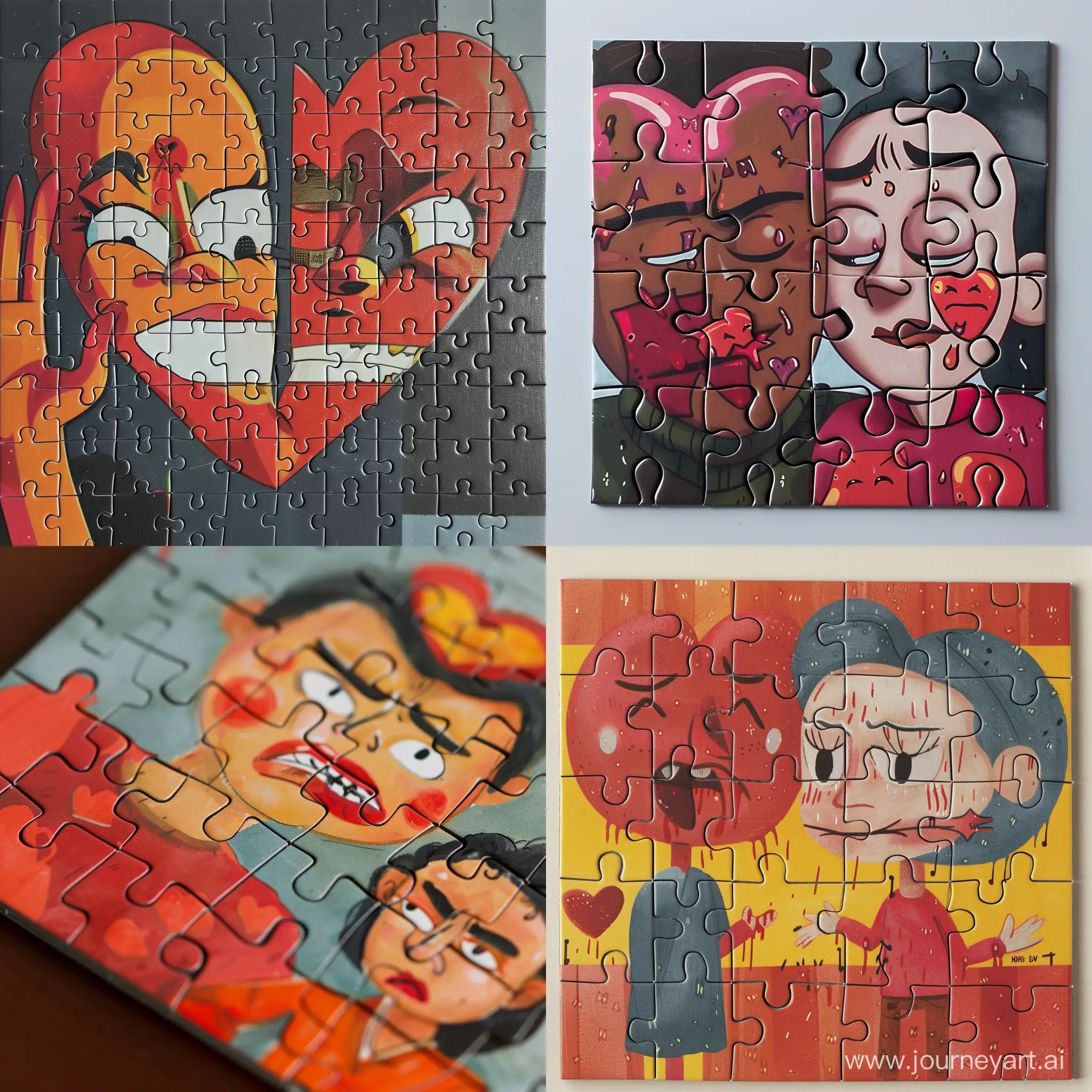 Valentine has an anthropomorphic jigsaw puzzle with the anger, heartbreak, and love of two people at the heart of it.  Another person is happy.  Another person is about to leave the person he loves.