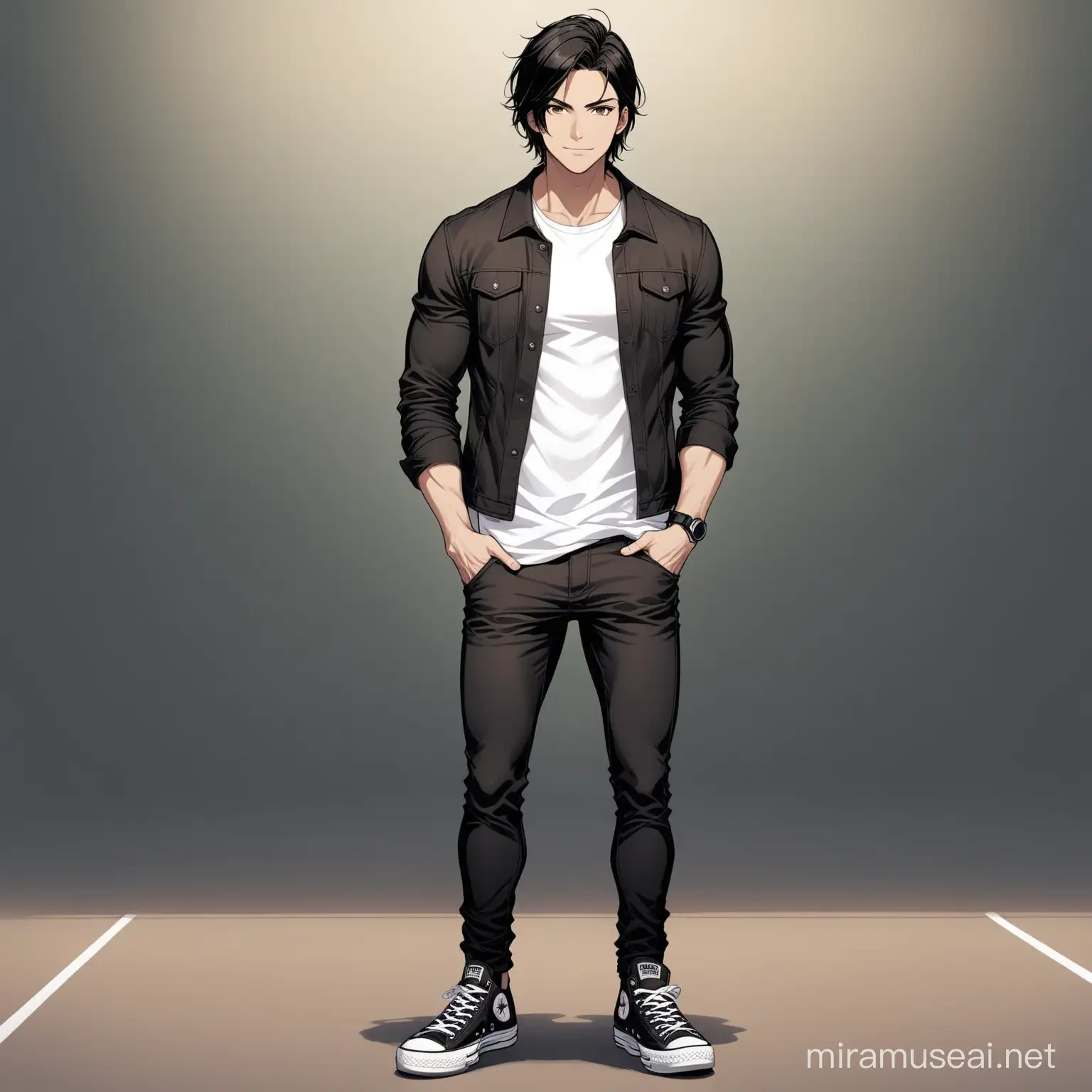 Confident Young Man in Casual Fashion with Brown Eyes and Black Hair