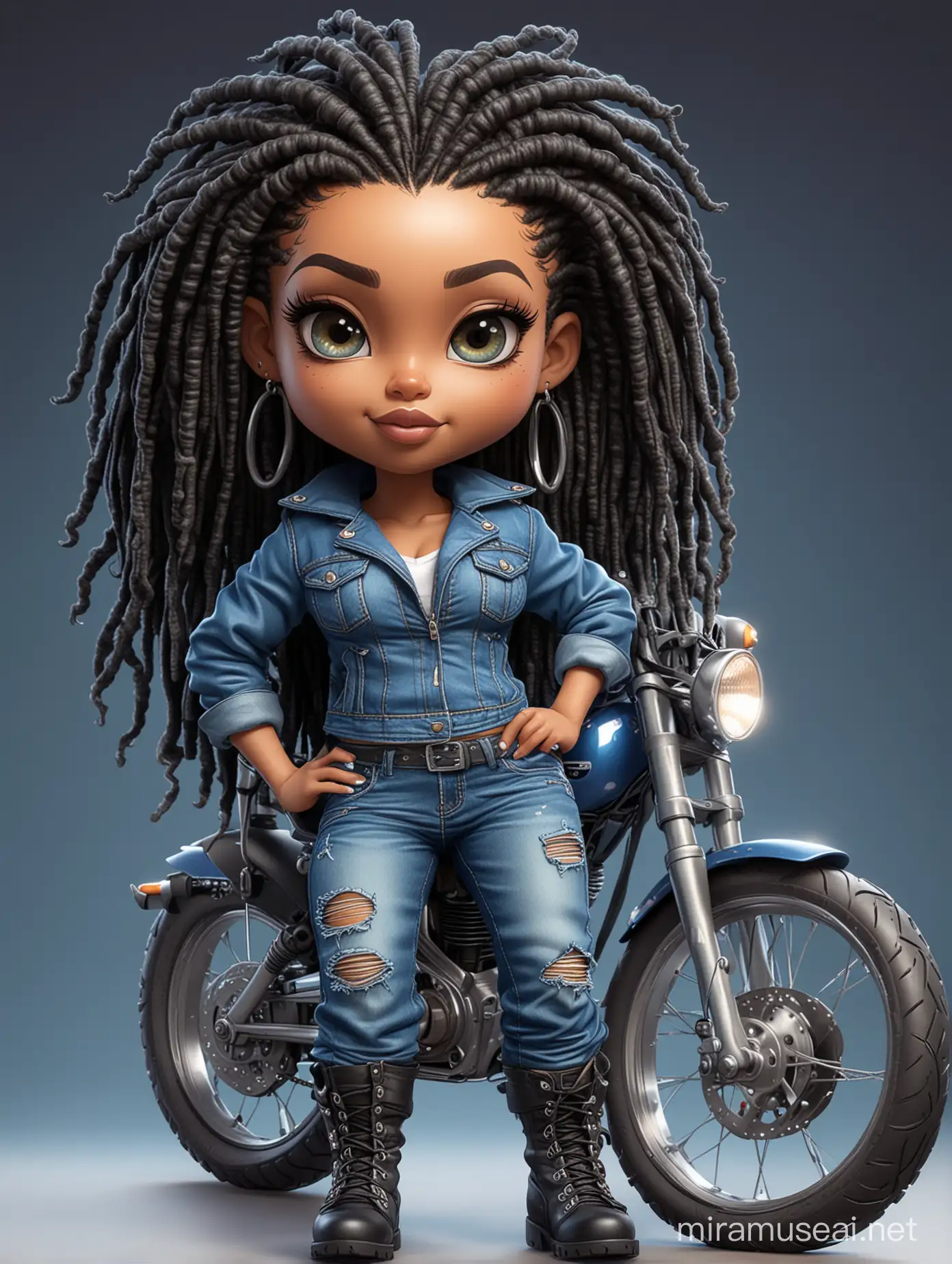 create an vibrant cartoon art illustration of a chibi cartoon voluptuous black female wearing a blue jean outfit with biker boots. Prominent make up with hazel eyes. Extremely highly detail of a twisted dreadlocks. Background of a bike show.
