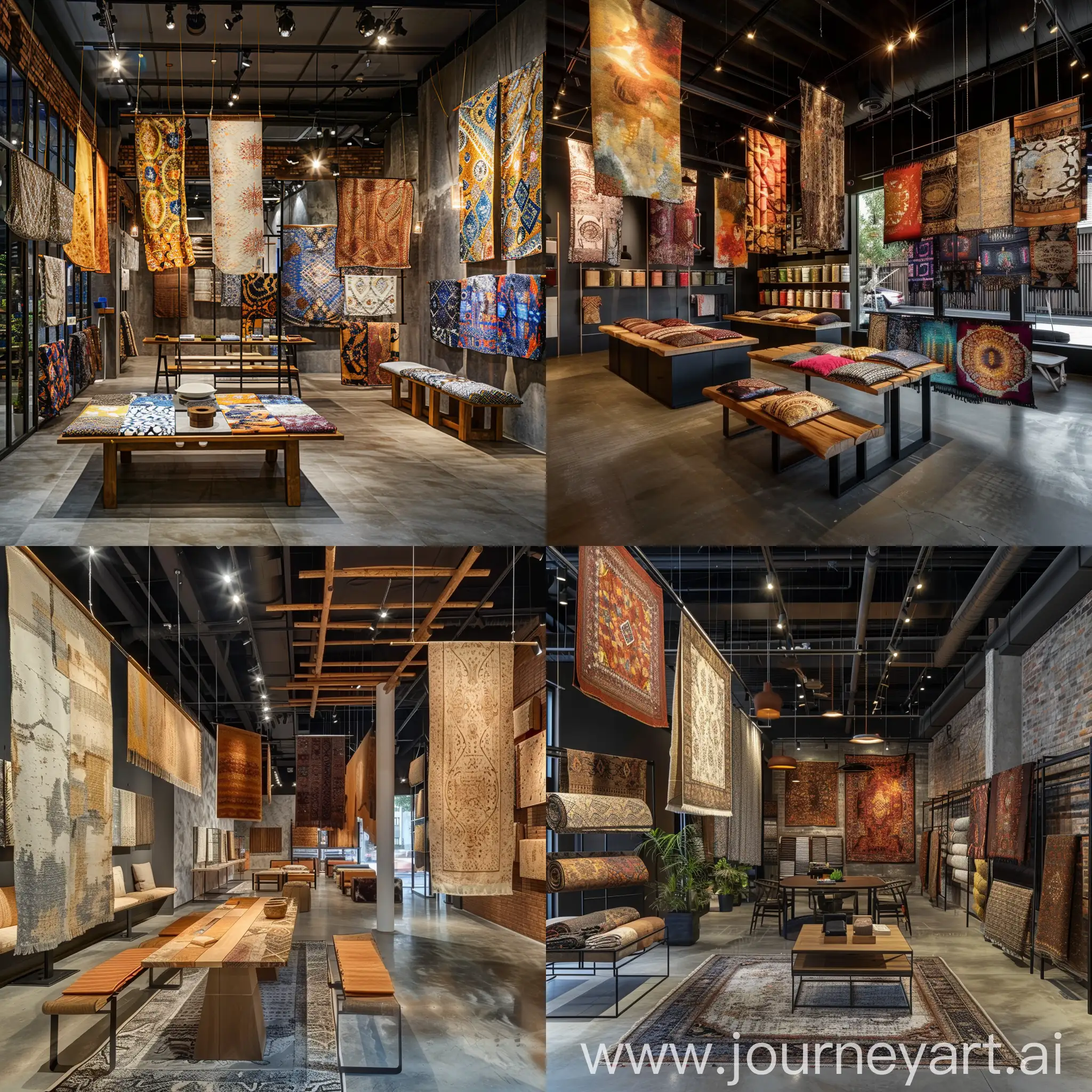 Fabric showroom with industrial and cultural concept, with hanging display, table display, seating area, wall and floor design element, lighting ideas associated within the space, ceiling design element.