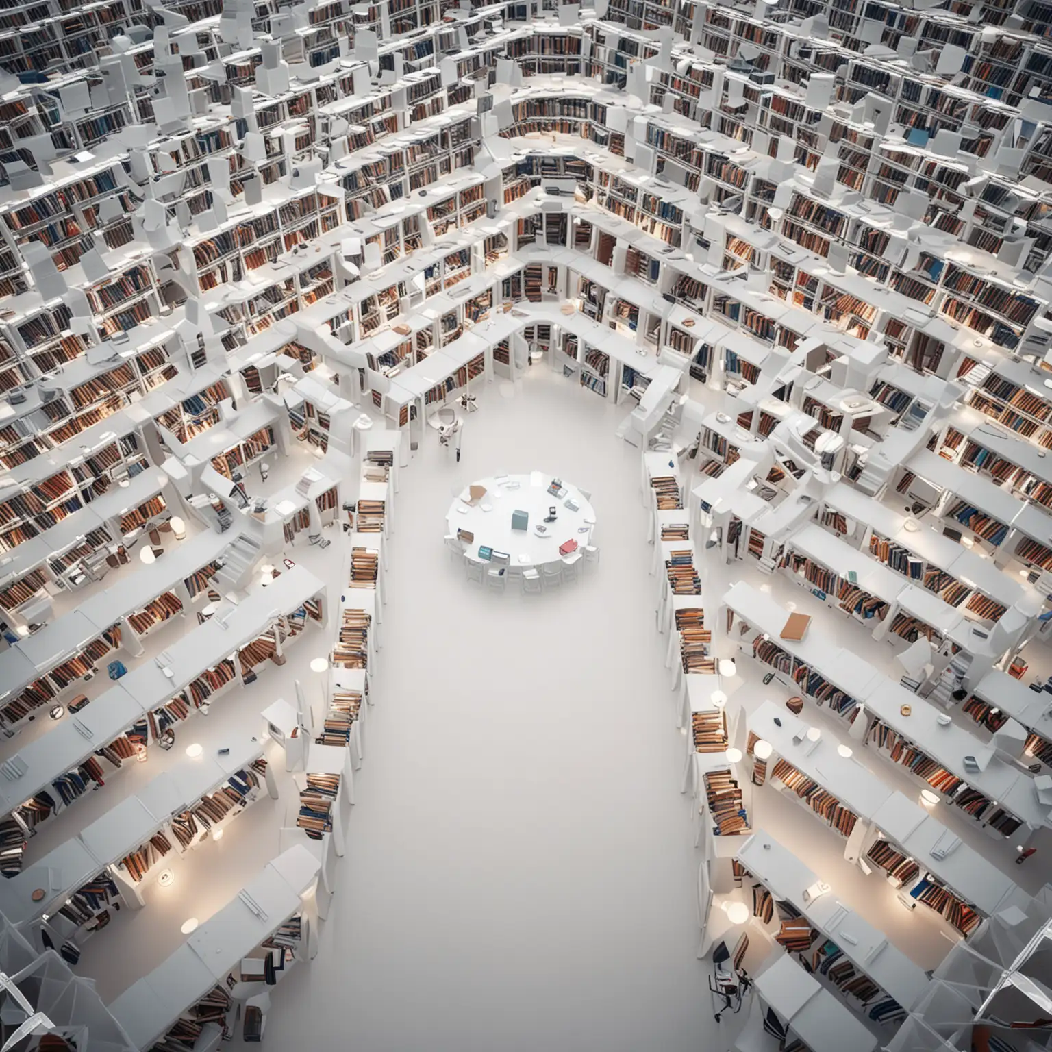 2d top view of large library with lost of books and white book shelfs and many hologram tables clear space in the middle top view