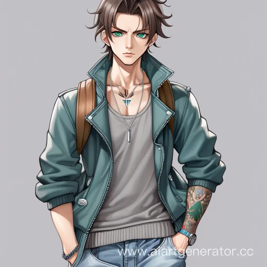 Guy, height 180 cm, dark brown hair gathered in an untidy bun, which is held on a hairpin in the form of an arrow, dark blue eyes, a silver chain around his neck, a tattoo on his chest, dressed in a gray turtleneck with a triangular neckline on his chest, and wearing a green jacket, blue jeans, white sneakers, there is a short hare tail, ordinary appearance, He looks young, anime style