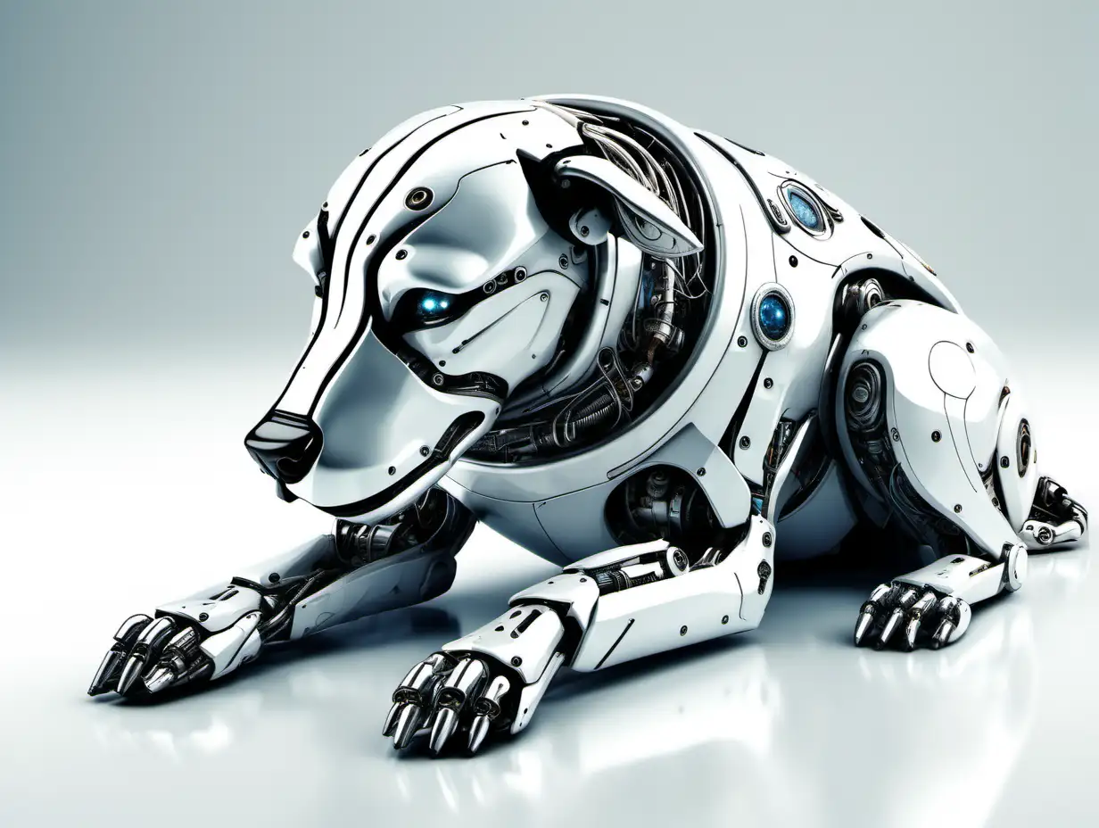 A sleeping futuristic robot dog against a solid white background. Highly detailed, photographic quality.