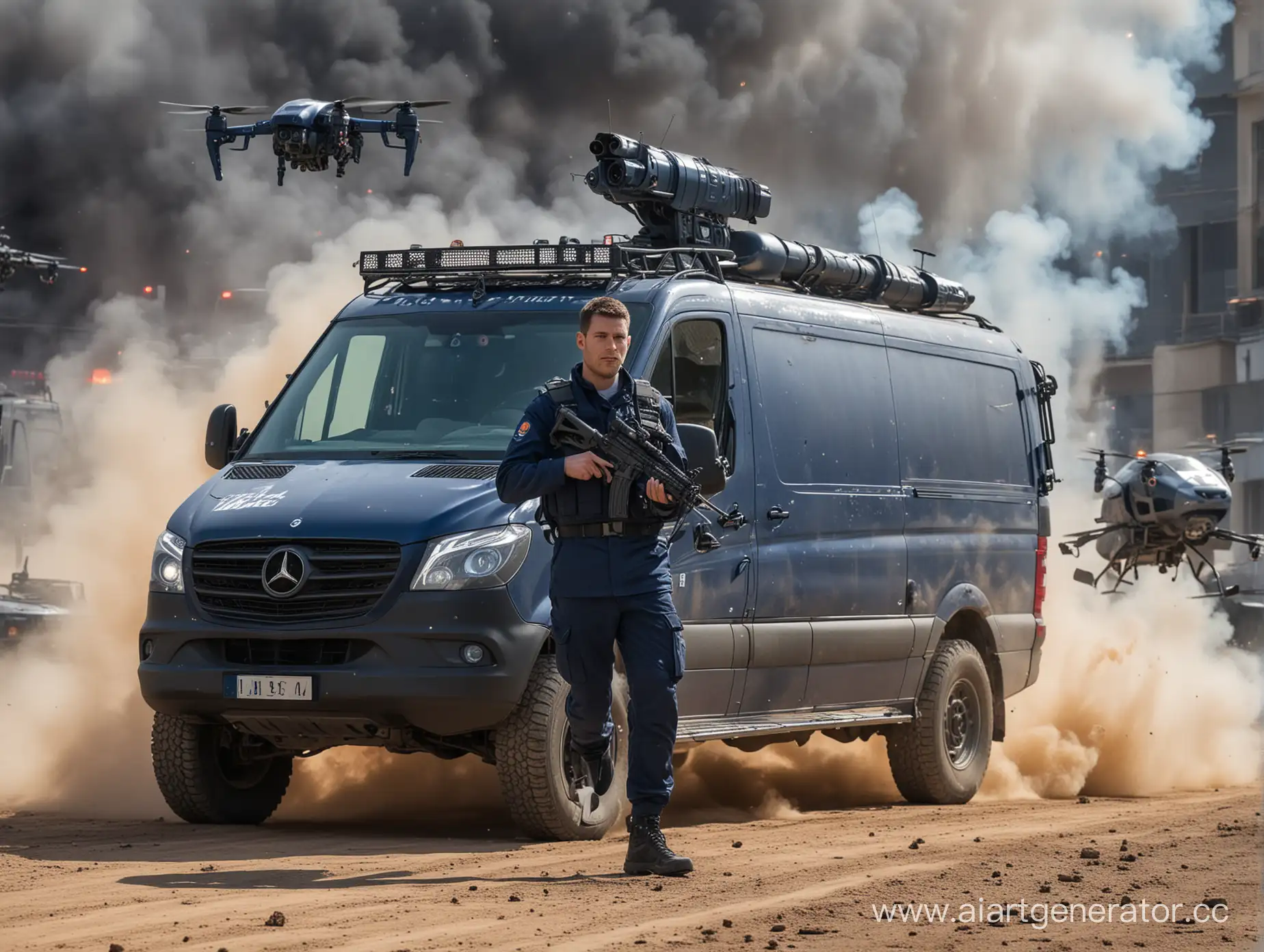 a man in a military uniform holding a blaster, behind the man car mersedes sprinter dark blue color, the car has antennas, in the background flying quadrocopters and explode
